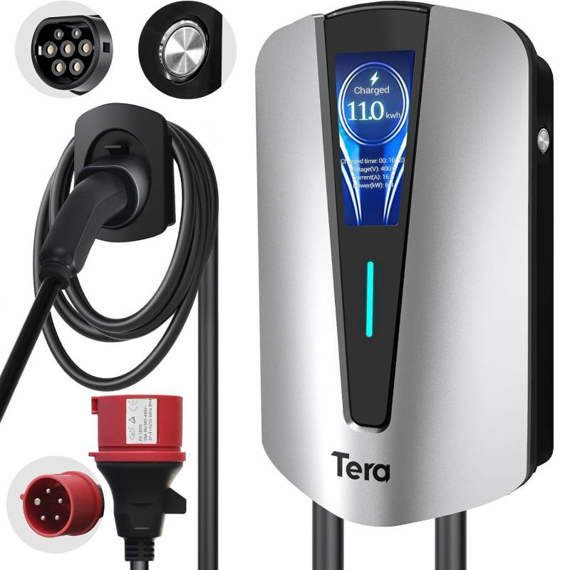 Tera EV Ladegerät typ 2 11kw Heim-Ladestation Wallbox Ladekabel Elektroauto mit Kabelhalterung Ladekabel 3-Phasig CEE Stecker 16A 400V Kabel für Elektrofahrzeuge und Plug-in-Hybrid-Autos, Q8 Silber von Tera