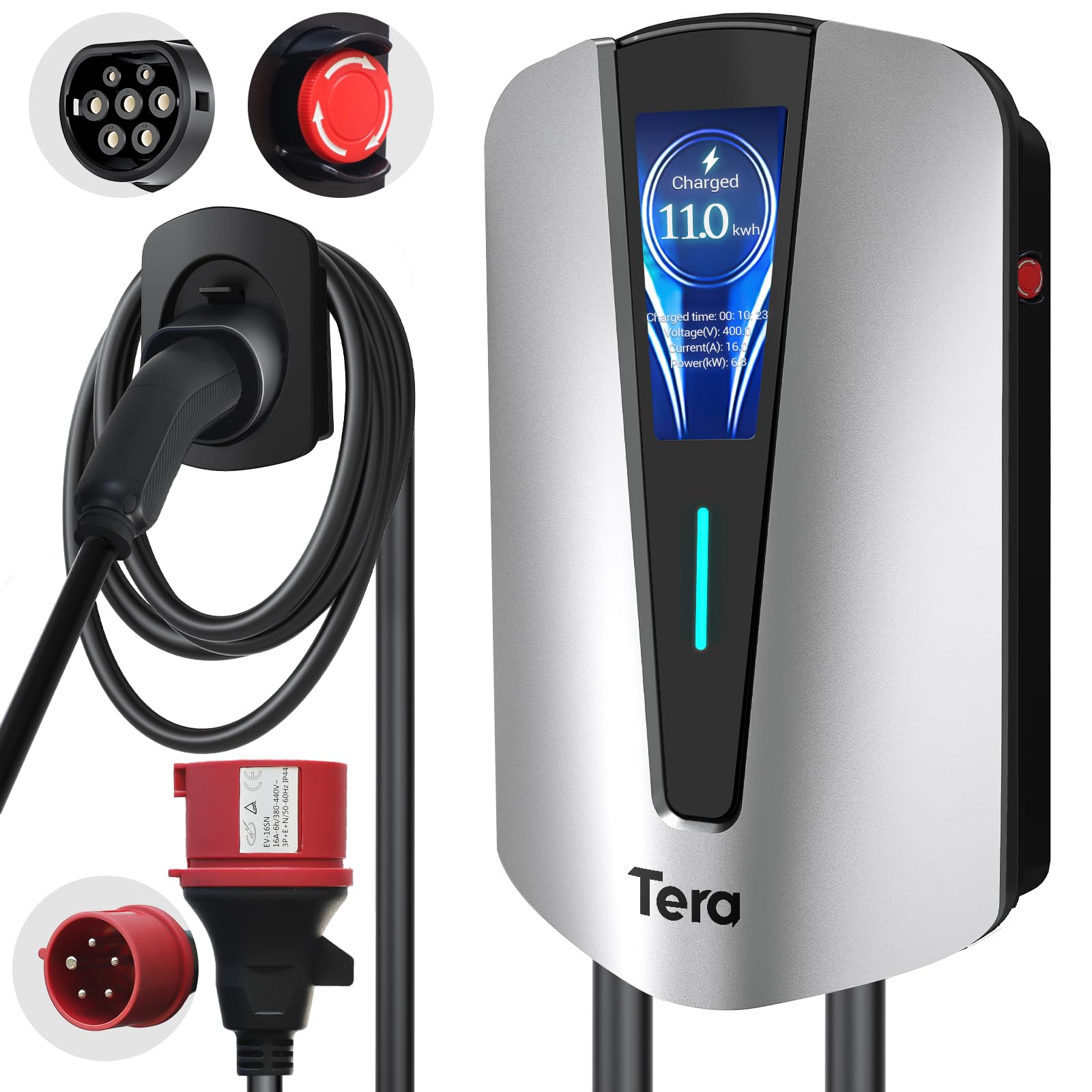 Tera EV Ladegerät typ 2 11kw Heim-Ladestation Wallbox Ladekabel Elektroauto mit Kabelhalterung Ladekabel 3-Phasig CEE Stecker 16A 400V Kabel für Elektrofahrzeuge und Plug-in-Hybrid-Autos, Q8 Silber von Tera