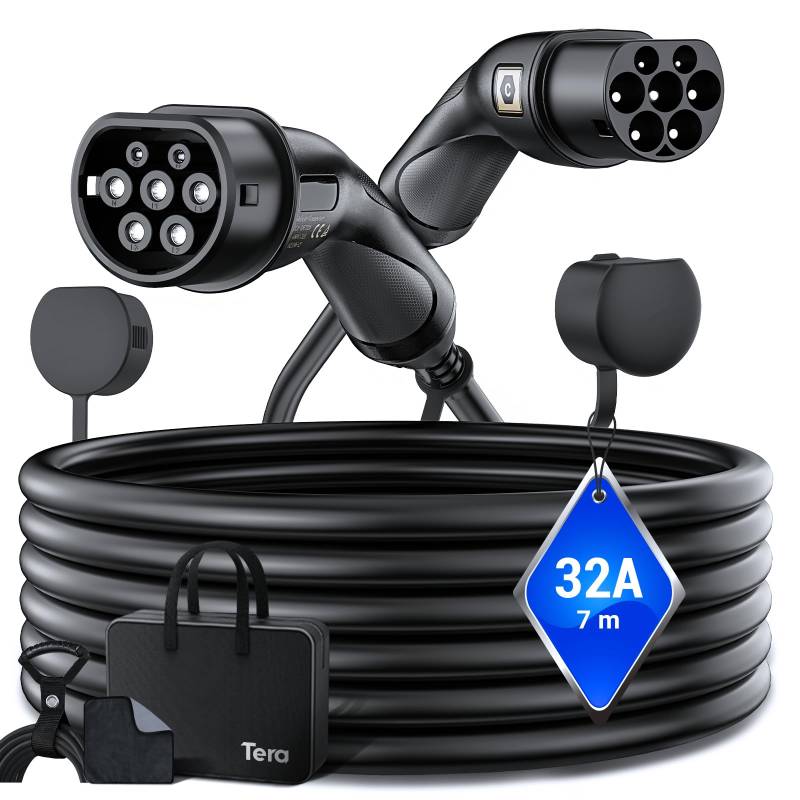 Tera EV Ladekabel Typ 2: 22KW 32A 7Meter 3-Phasen Typ 2 zu Typ 2 Mennekes IP55 Schnellladen Ladekabel Elektroauto Typ 2 für E-Auto EV/PHEV Deutsche Bedienungsanleitung DC-32A-7 Schwarz von Tera