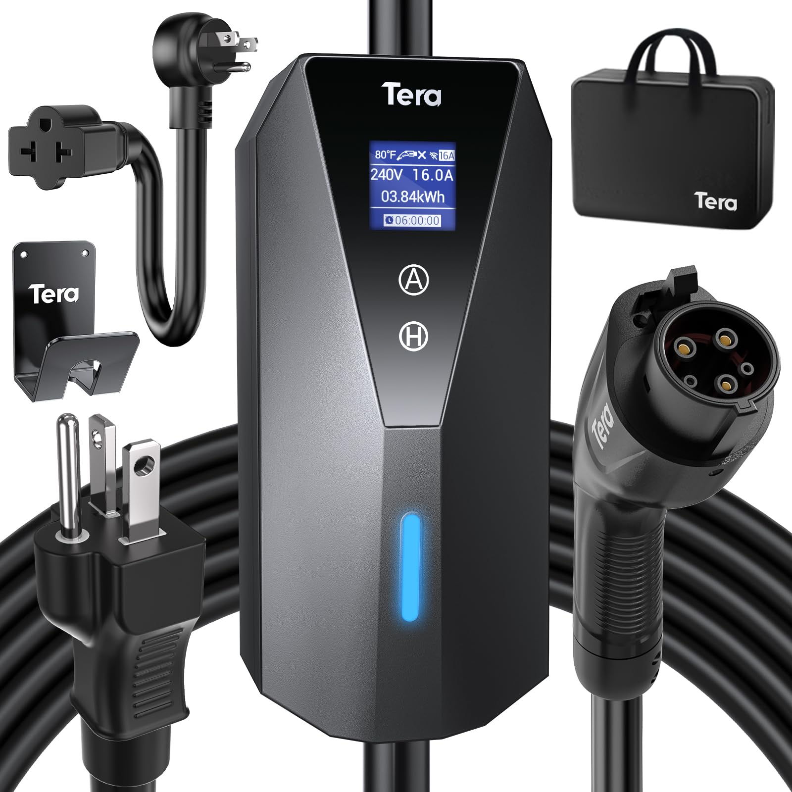 Tera Electric Vehicle Charger Portable: Level 2 & 1 J1772 16A 8A 110V 240V ETL NEMA 6-20 Plug Indoor & Outdoor EV Charging Station with NEMA 5-15 Adapter Cord 23FT Cable B08 von Tera