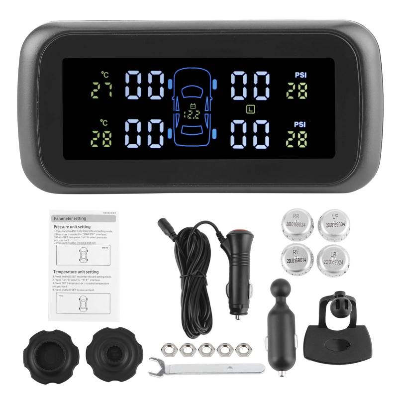 Terisass Reifendruckkontrollsystem Drahtloses TPMS mit 4 Sensoren LCD Display Monitor von Terisass