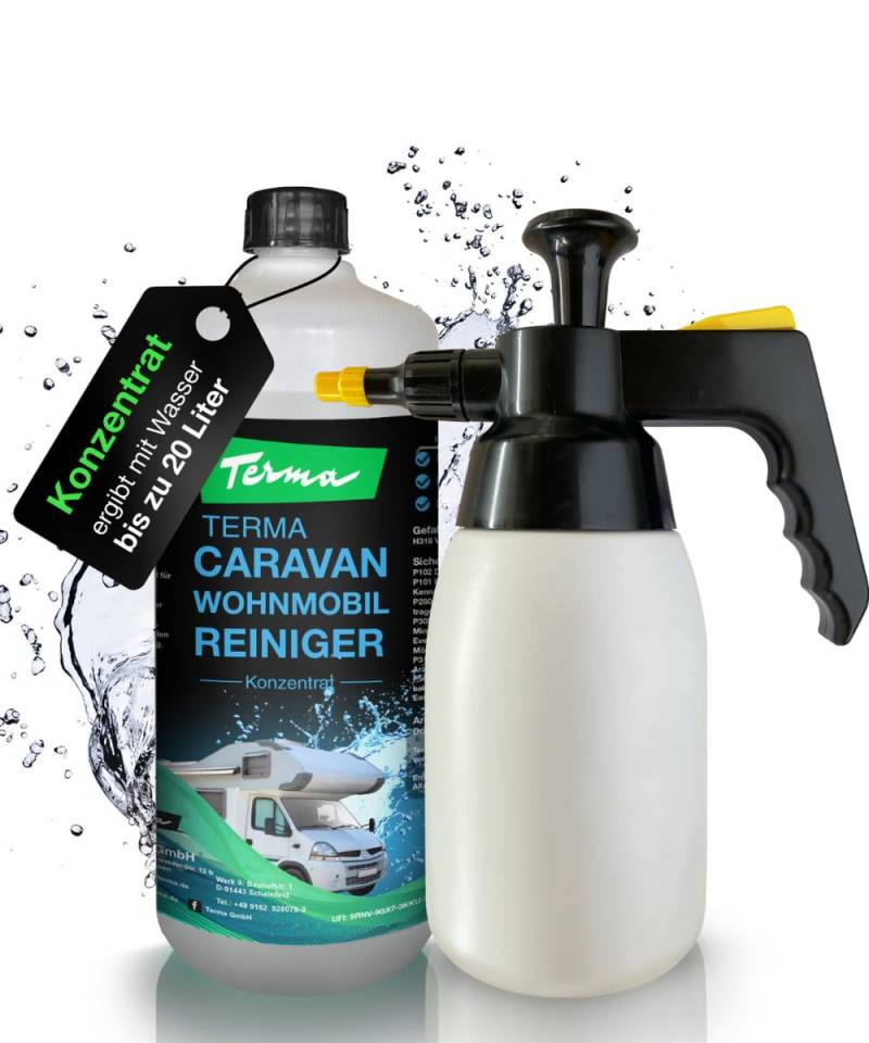 Terma Caravan Wohnwagen Reiniger 1l +Pumpsprüher Extra Starkes Konzentrat Made in Germany Wohnwagen Reiniger aussen und Innenreiniger Boden, Regenstreifen entferner, Vorzeltreiniger, Wohnmobile von Terma