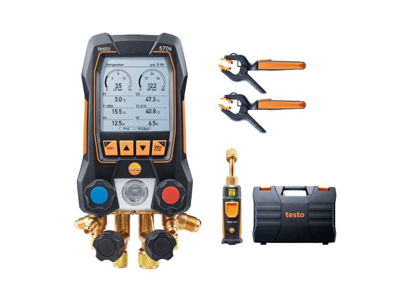 Testo 570s Krümmermessgeräte HVAC - Mikron-Messgerät zur Langzeitmessung an Klimaanlage, Wärmepumpen - Mikrometer-Messgerät HVAC 4-Wege-Ventil und USB-C - Kältemittelmessgerät Bluetooth, von Testo AG