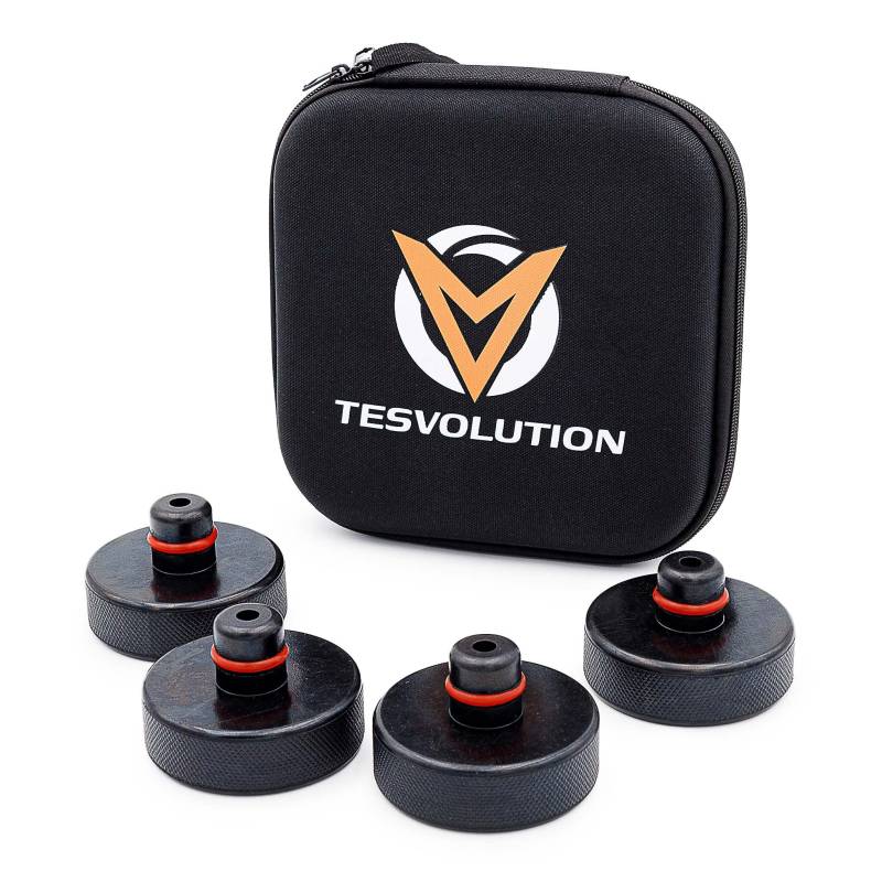 Tesvolution® Wagenheber Aufnahmen Tesla Model 3 Model Y/S/X 2022 + 2023 + 2024 - Gummi Auflagen Pads als Adapter für Radwechsel/Reifenwechsel von Tesvolution