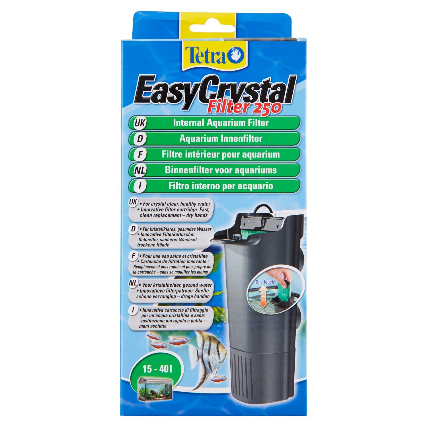 Tetra EasyCrystal Filter 250 Aquarium-Innenfilter (für kristallklares gesundes Wasser, einfache Pflege, keine nassen Hände beim Filterwechsel, intensive mechanische biologische chemische Filterung), geeignet für Aquarien von 15 bis 40 Liter von Tetra