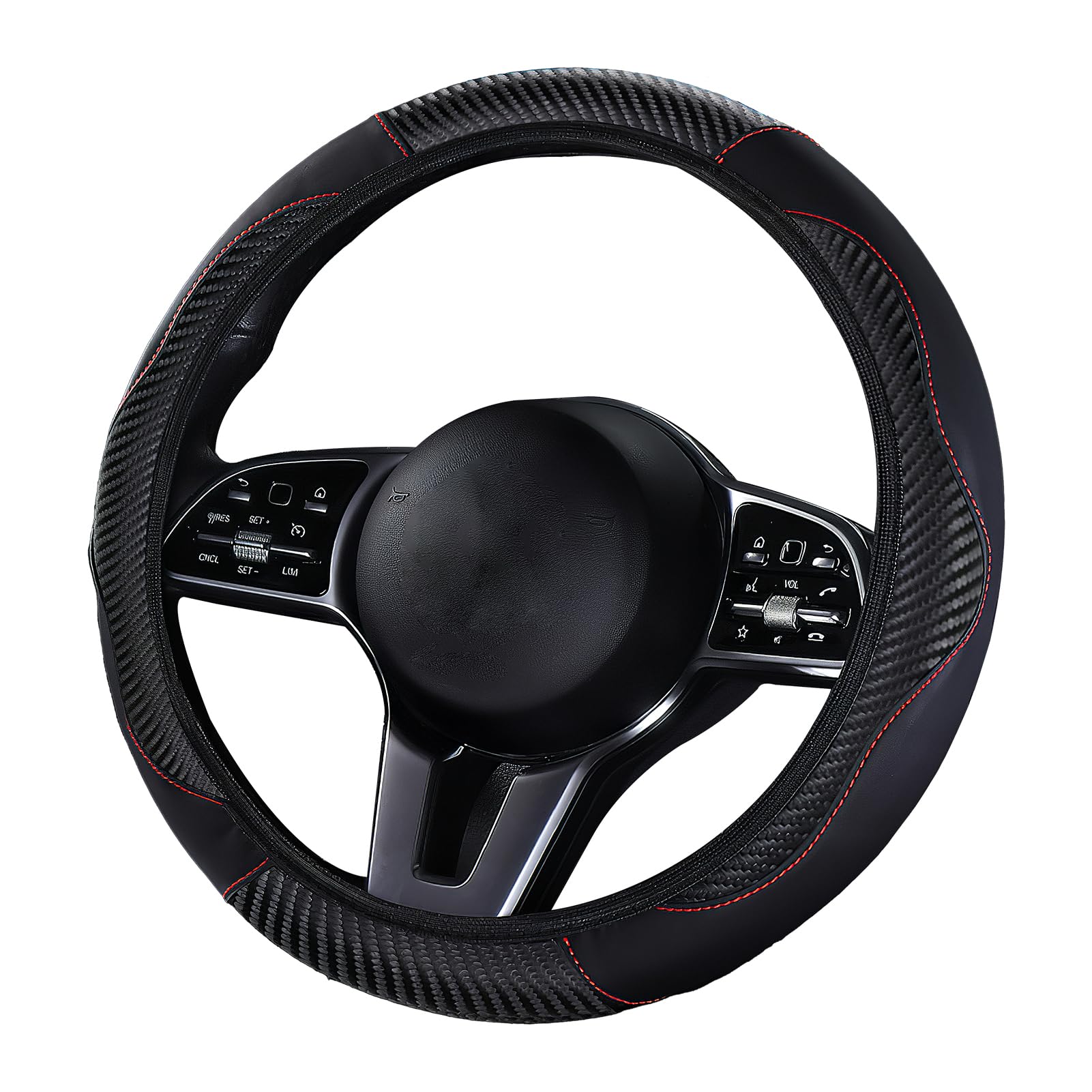 Auto-Lenkradbezug, Leder, Universalgröße M, 37–38 cm, rutschfest, atmungsaktiv, weiches Mikrofaser-Gummiband, Teering Wheel Cover für Auto/SUV (Schwarz/Rot) von Teuena