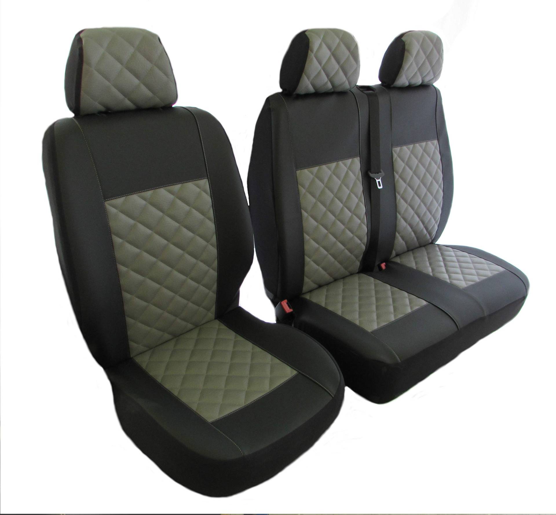 Sitzbezüge fEntworfen, um zu passen Ford Transit MK7 2006–2012, Links- oder Rechtslenker, ECO, Leder, Schwarz/Grau, 2 + 1 (1 Einzelbett, 1 Doppelbett) von Texmar