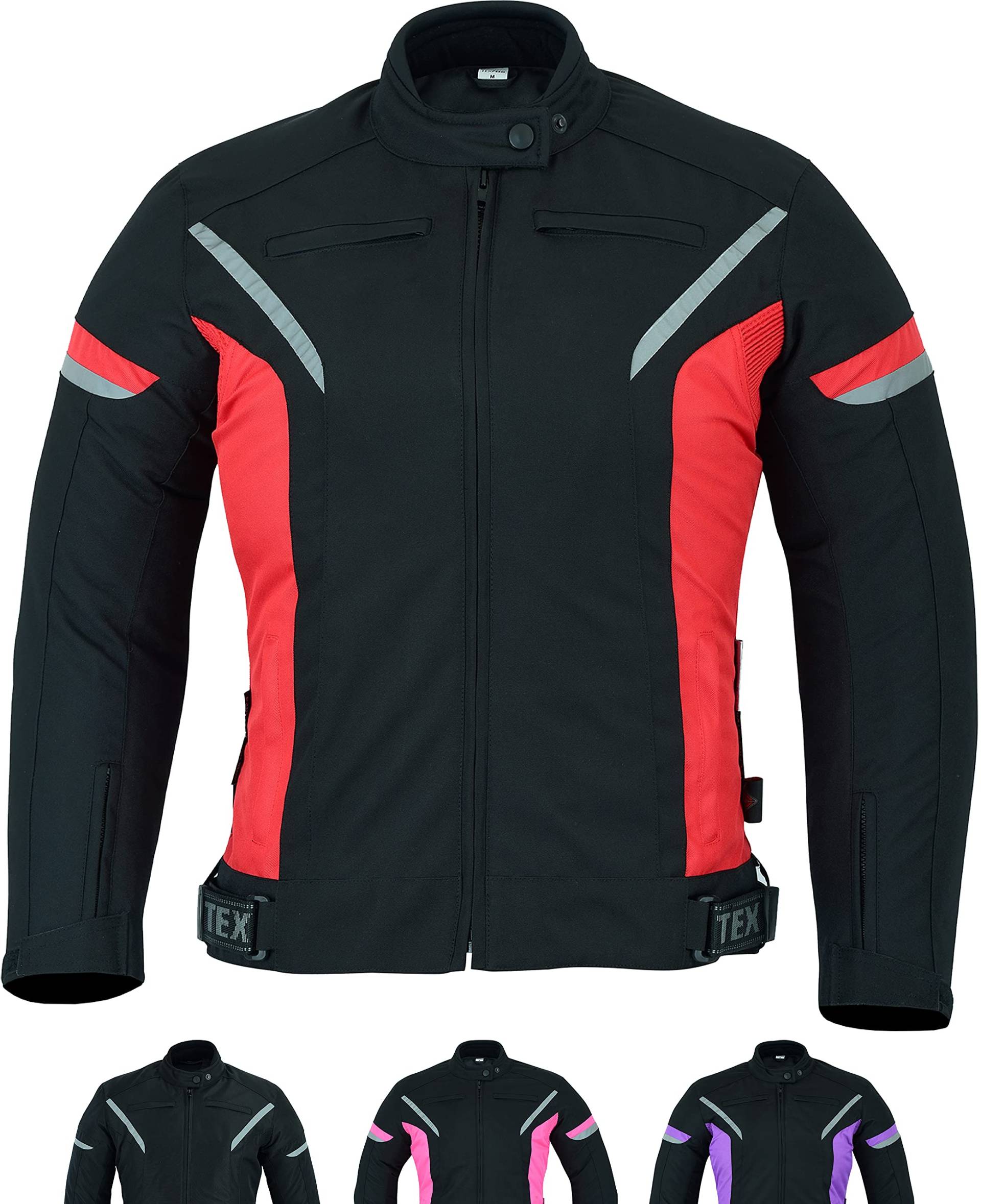 Damen motorradjacke mit protektoren für Sommer oder Winter - Textil wasserdicht motorroller motorrad bikerin mantel mit schutz rüstung (EN 1621-1) - Schwarz Rott - 4XL von Texpeed