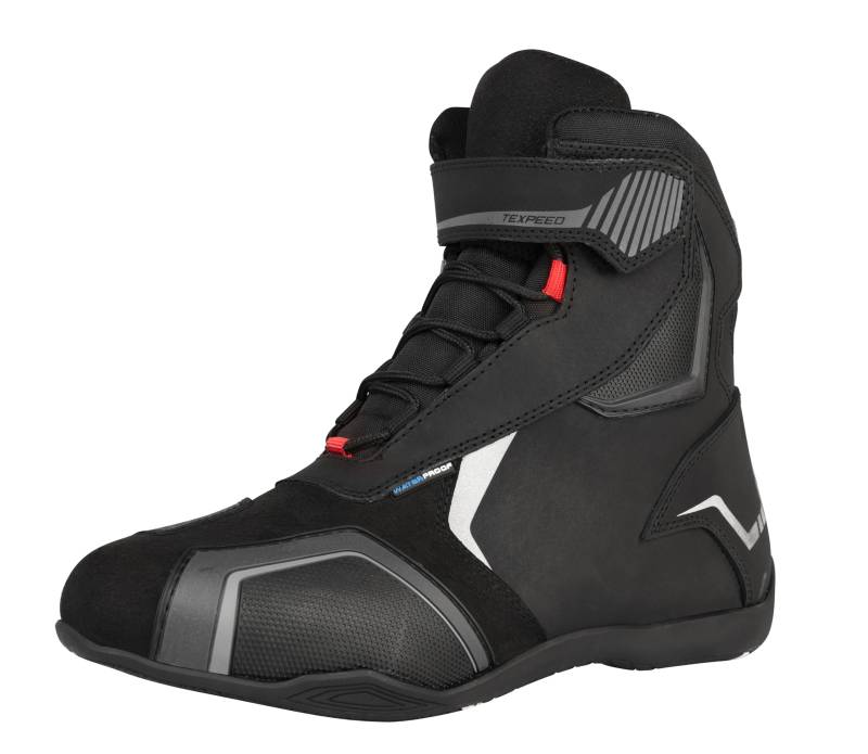 Motorradstiefel Herren Wasserdicht - Rennstil/Touren Geprüft Biker Leder Schuhe - Schwarz - Kurze Länge - Größe 43 EU von Texpeed