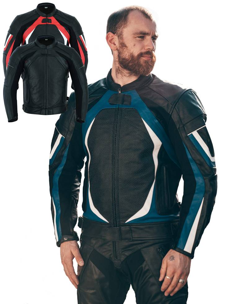 Texpeed Motorrad lederjacke herren mit protektoren - Schwarz Winter/Sommer Gesteppt echtleder Perforiert Bikerjacke - Motorrad biker rüstung gepanzert (EN 1621-1) Blau - L von Texpeed