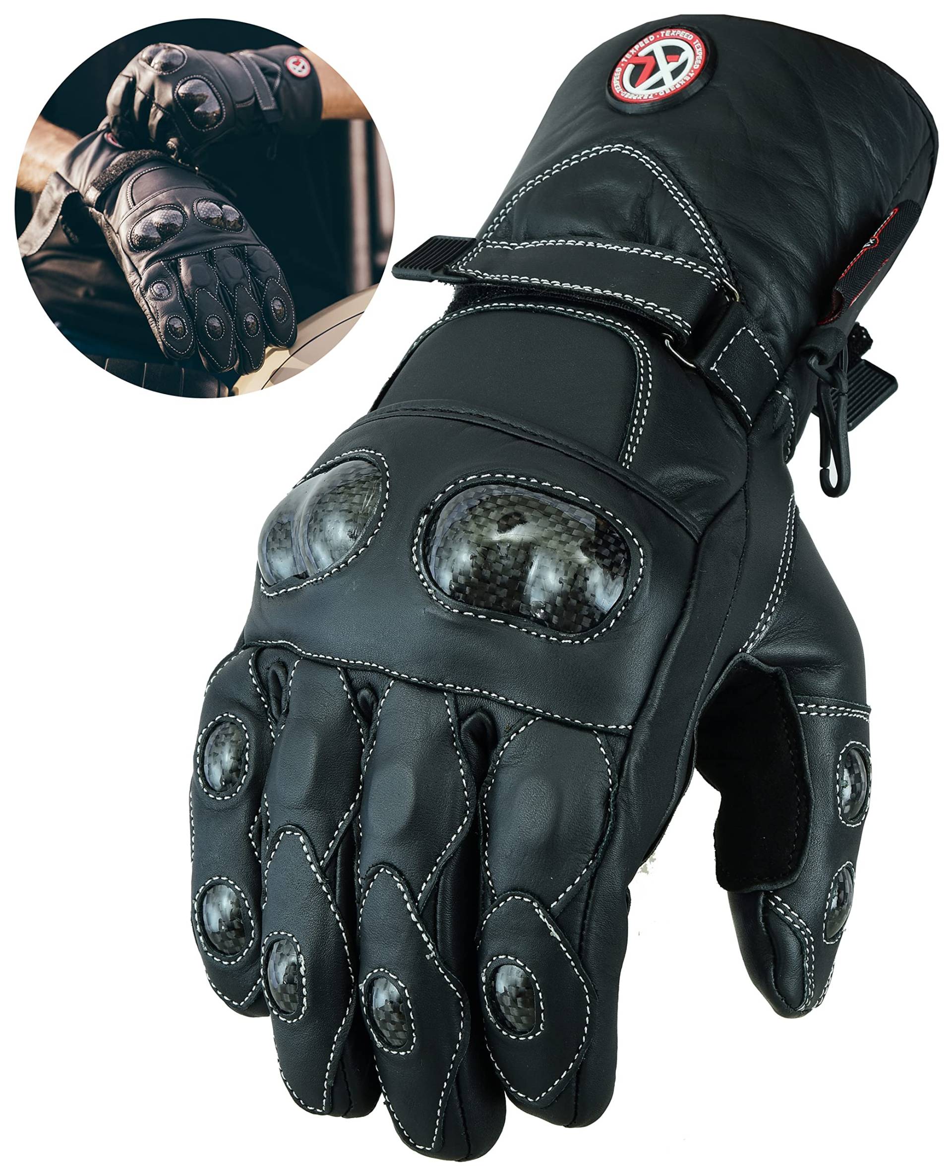 Texpeed Motorradhandschuhe Herren Leder - Wasserdicht Biker Moped Gepanzert Knöchelschutz - Für Sommer oder Winter - Schwarz - Langer Stil - L von Texpeed