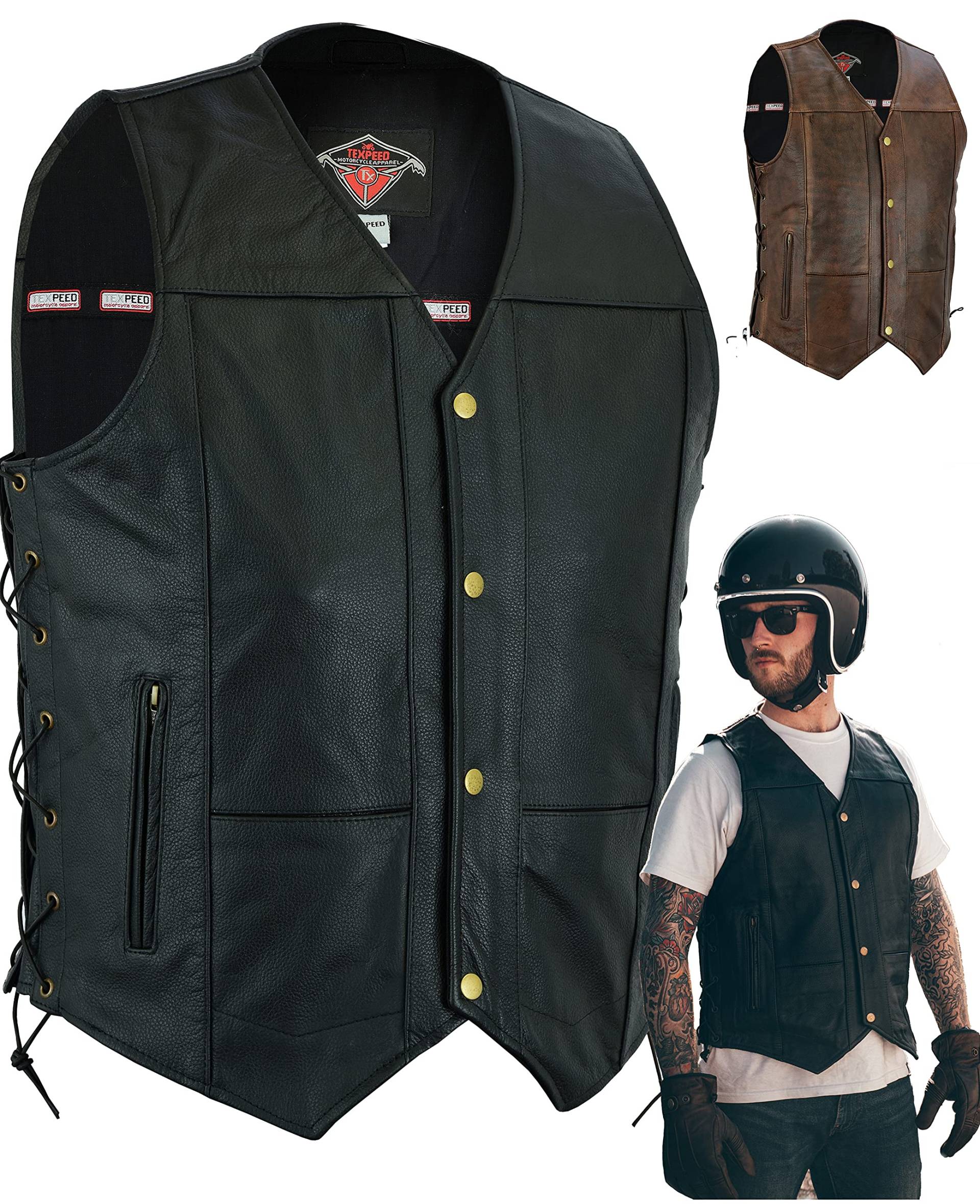 Texpeed motorrad leder weste herren - Chopper biker rocker lederweste - Reißverschlusstaschen mit geschnürt rindleder top-grain echtleder - Schwarz - (6XL) von Texpeed