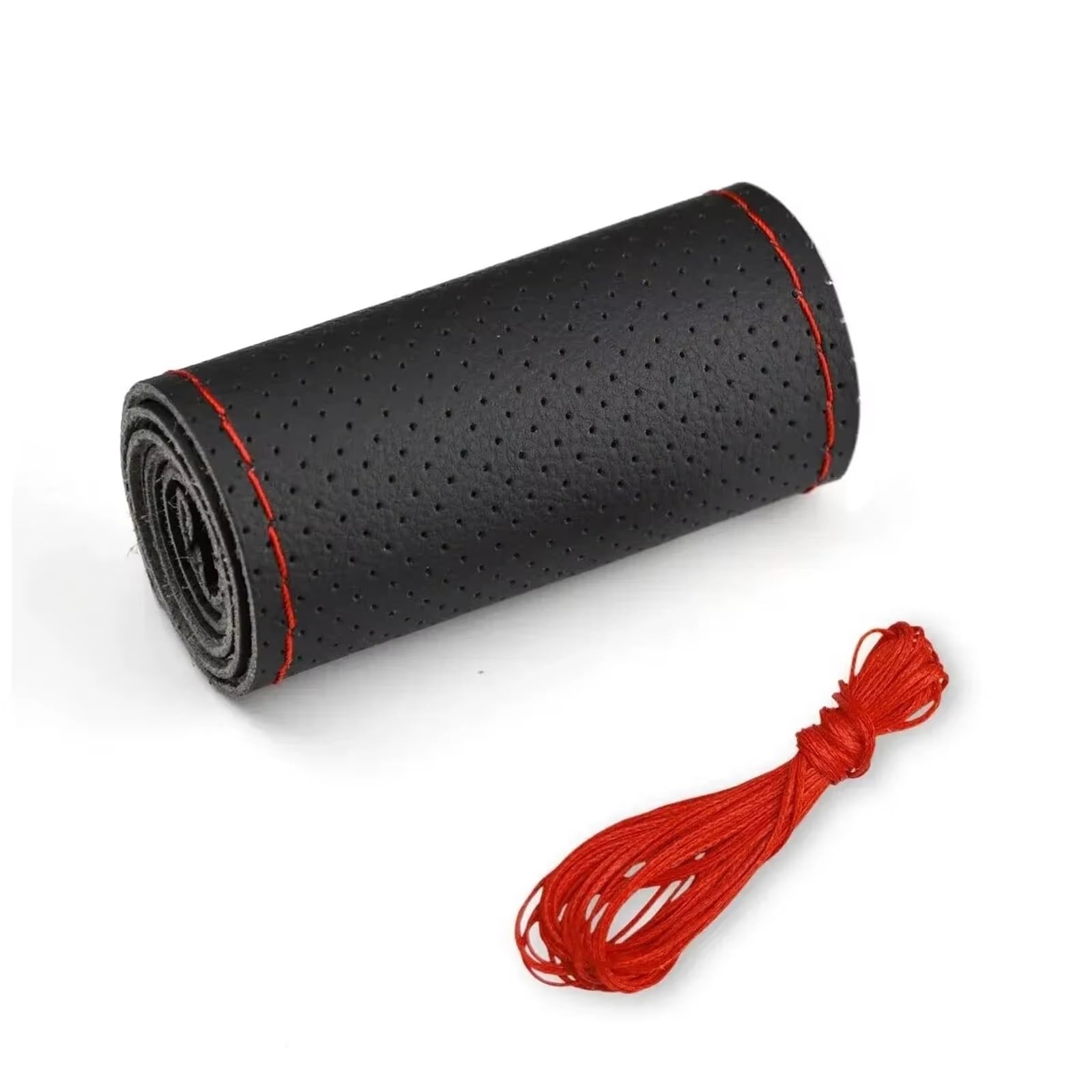 Lenkradabdeckung Für 38 cm 14 Zoll DIY Nähen, atmungsaktiv und rutschfest, Schwarz, Grau, Beige, Universal-Leder-Auto-Lenkrad-Stich auf Wrap-Abdeckung Auto Lenkradhülle Protekto(Black Red (Hole)) von Tfkkaw