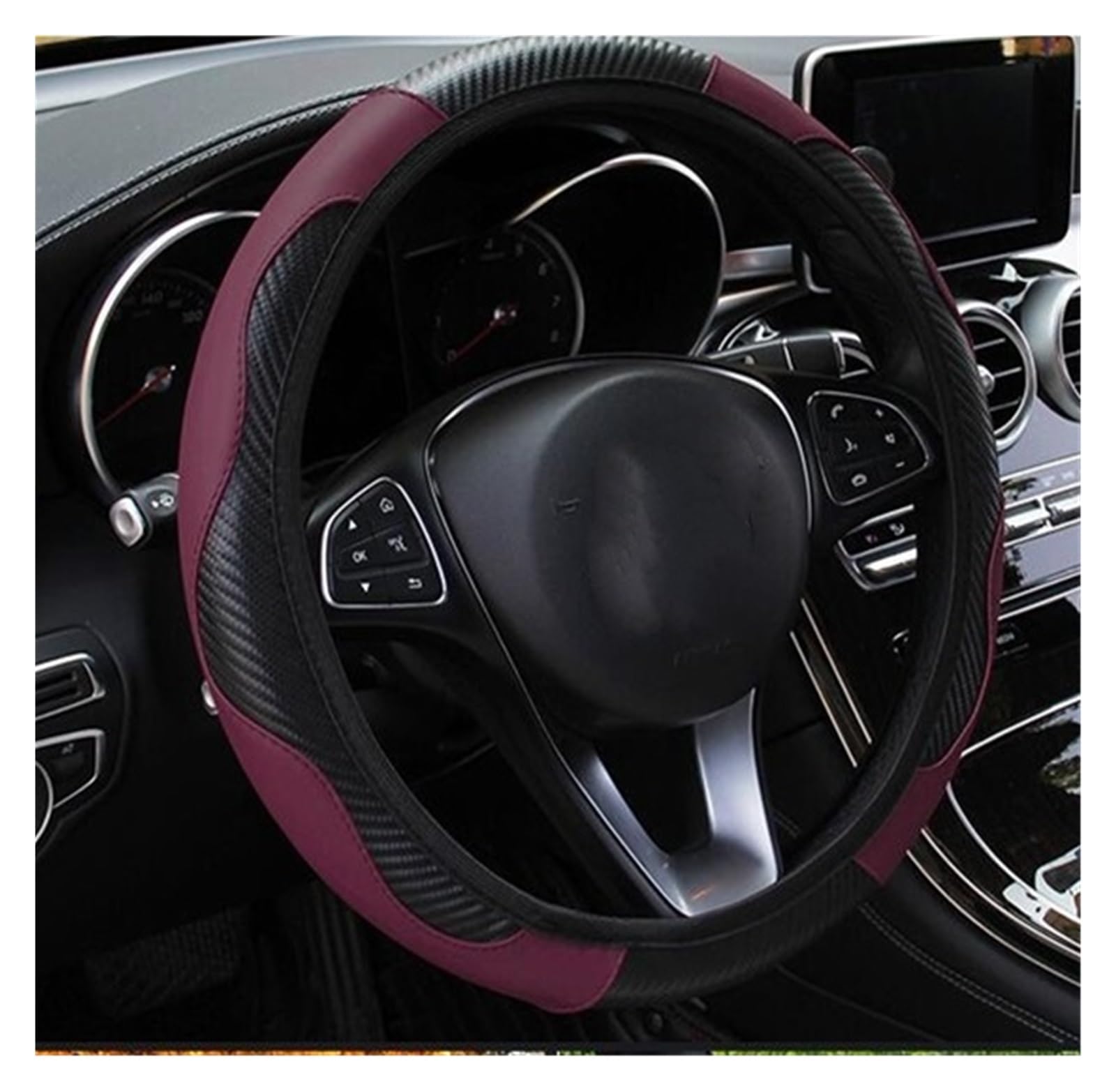 Lenkradabdeckung Für Peugeot 2008 Carbon Fiber PU Leder Auto Lenkrad Abdeckung Zubehör Auto Lenkradhülle Protekto(Claret) von Tfkkaw