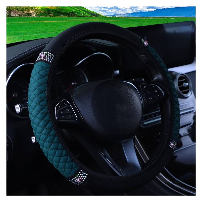 Lenkradabdeckung Universal Four Seasons Auto-Lenkradbezug, 37–38 cm, Leder-Stickerei, bunt, elastisch, Lenkradbezug Auto Lenkradhülle Protekto(Dark Green) von Tfkkaw