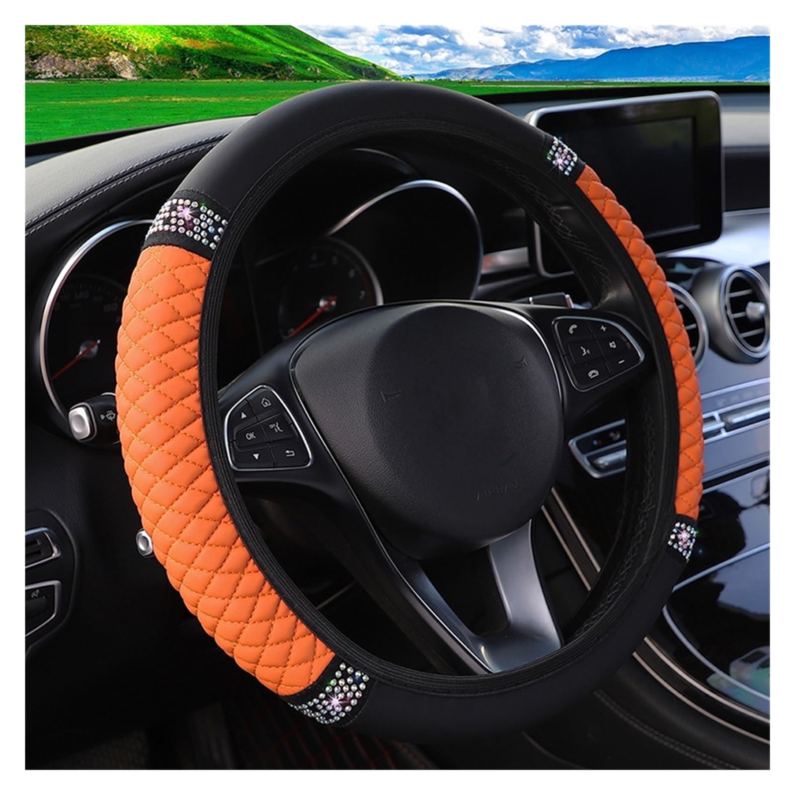 Lenkradabdeckung Universal Four Seasons Auto-Lenkradbezug, 37–38 cm, Leder-Stickerei, bunt, elastisch, Lenkradbezug Auto Lenkradhülle Protekto(Orange) von Tfkkaw