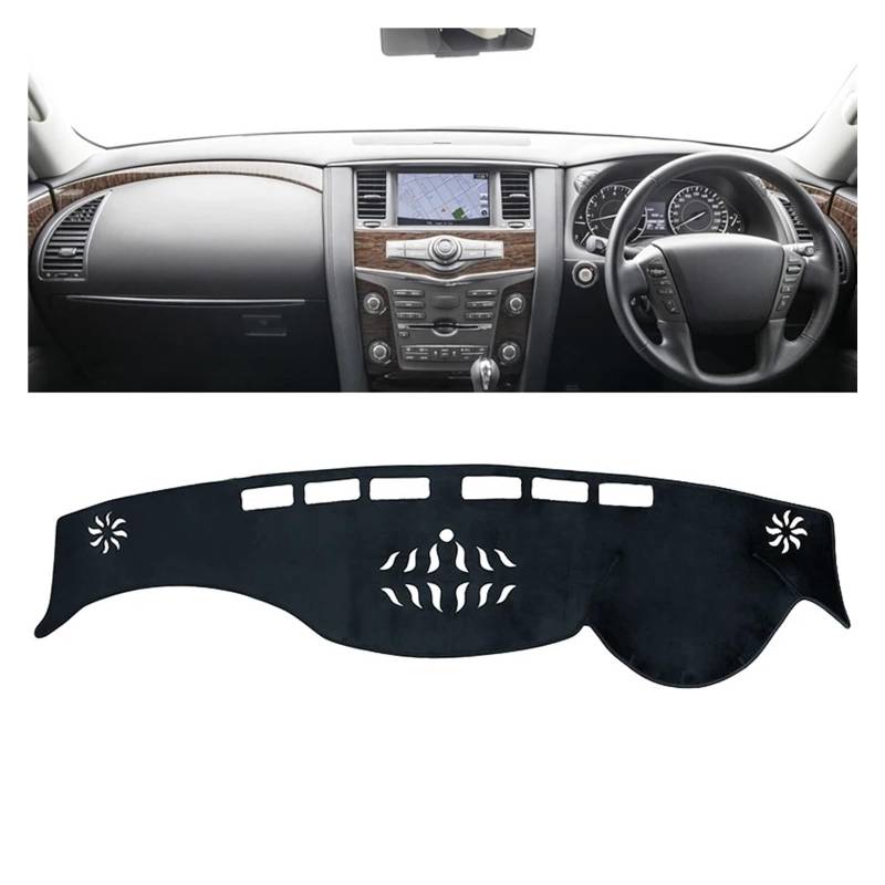 Teppich Dashmat Für Nissan Für Patrol Y62 Für Armada 2010-2021 2022 2023 2024 Auto Armaturenbrett-Abdeckungsmatte Sonnenschutzpolster Instrumententafelteppiche Dash Mat(B RHD Black) von Tfkkaw