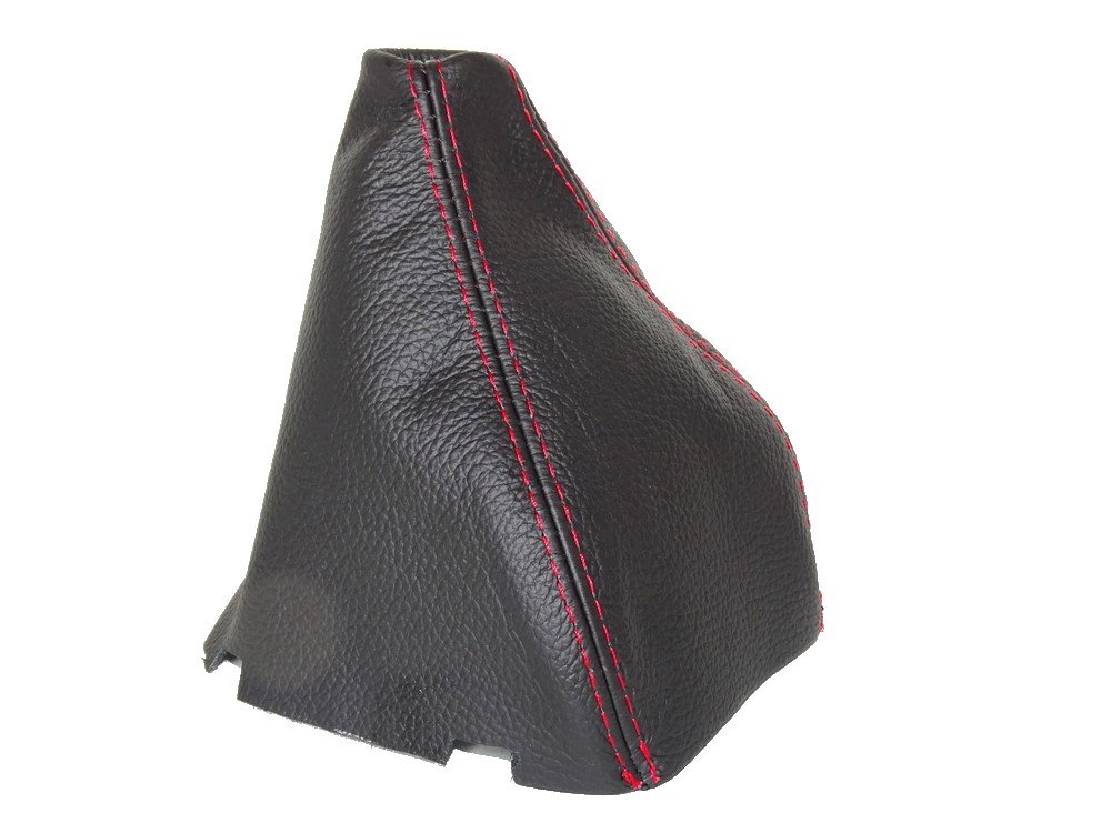 Schaltsack aus schwarzem Leder mit roten Nähten. von The Tuning-Shop Ltd