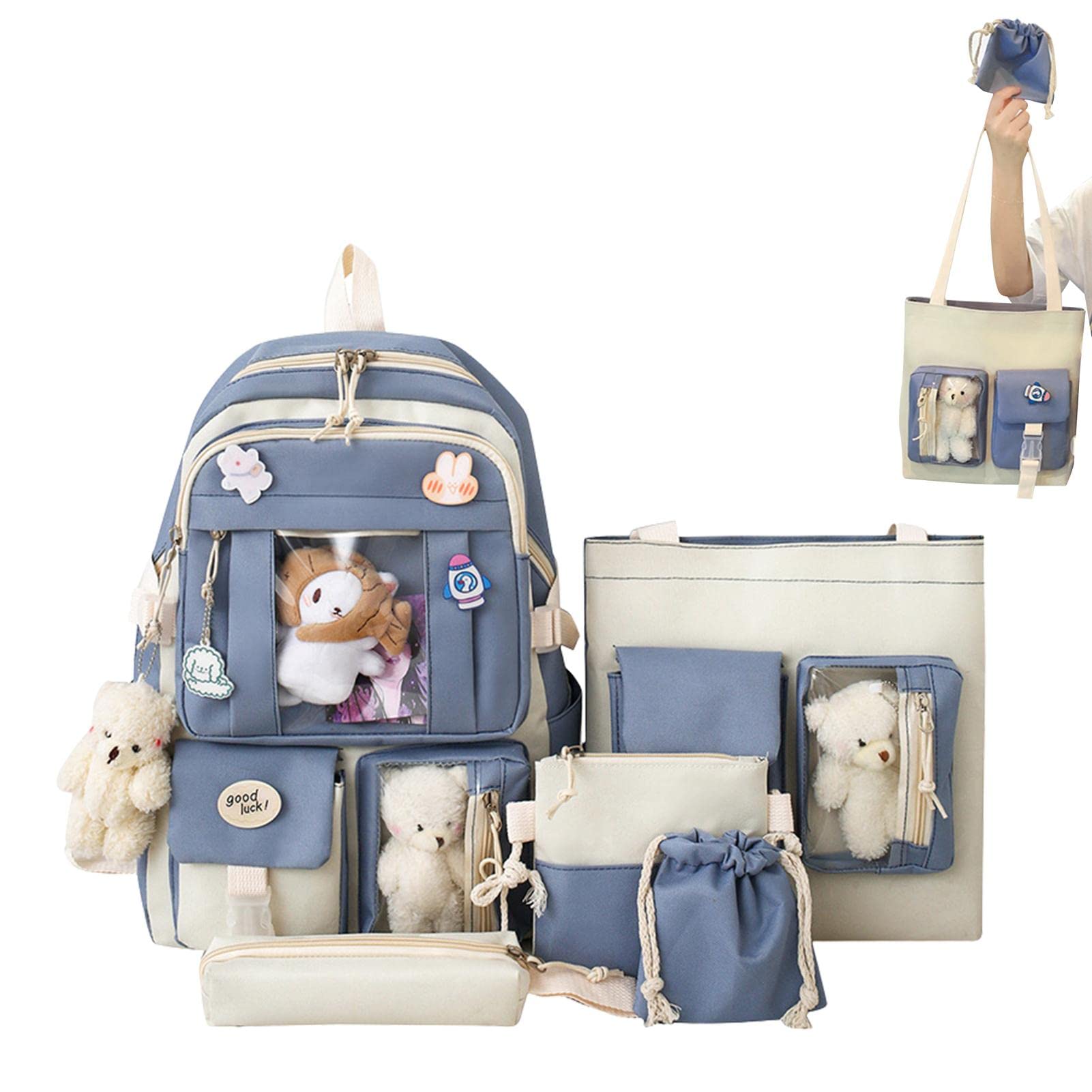 Theaceae Rucksack-Sets | 5 süße Kawaii-Rucksack-Sets | Schultasche für japanische Mädchen mit großem Fassungsvermögen | Kawaii Rucksack mit Kawaii Pins und 4 Plüschanhängern, Blau von Theaceae