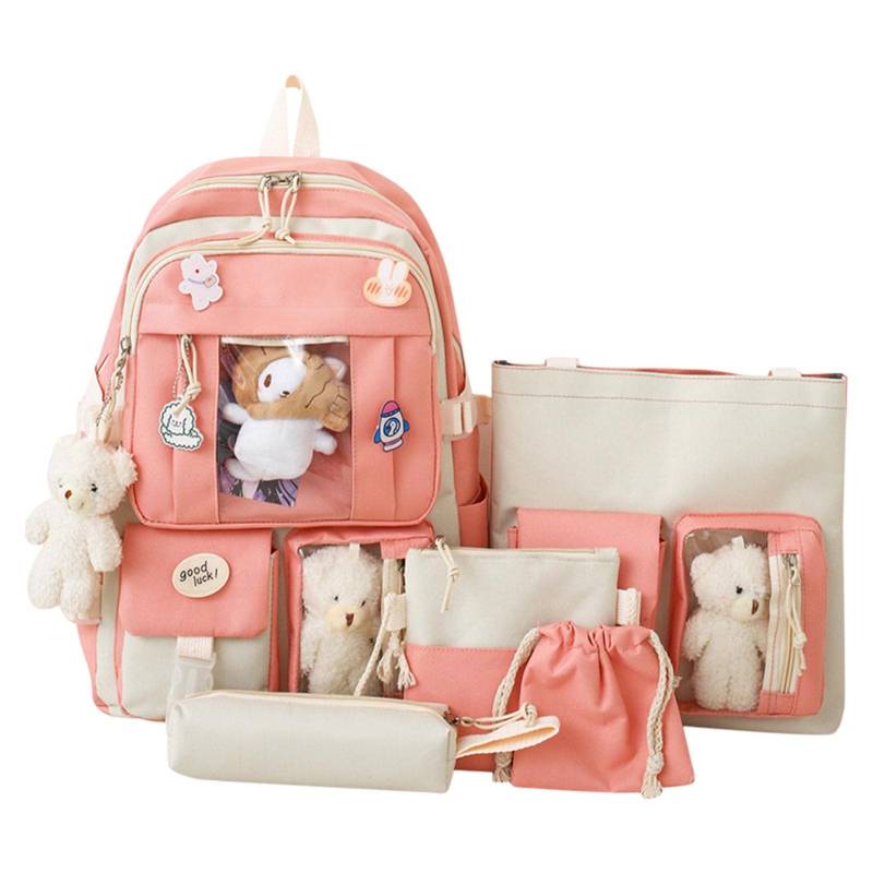 Theaceae Rucksack-Sets | 5 süße Kawaii-Rucksack-Sets | Schultasche für japanische Mädchen mit großem Fassungsvermögen | Kawaii Rucksack mit Kawaii Pins und 4 Plüschanhängern, Rosa von Theaceae