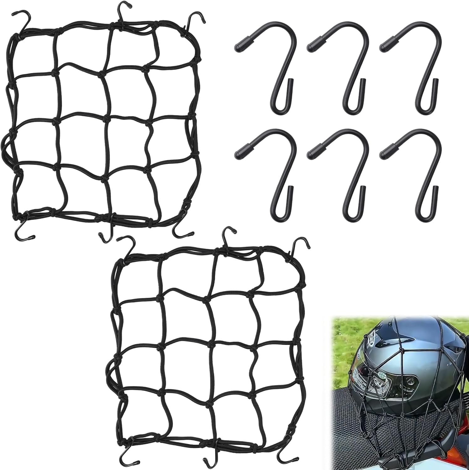 Kleines Gepäcknetz, 30,5 x 30,5 cm, 2 Stück, strapazierfähig, elastisch, dehnbar bis 61 x 61 cm, mit 6 verstellbaren Haken, 5,1 cm engmaschiges Gepäcknetz, passend für Motorradhelme, ATV, UTV von Theaque