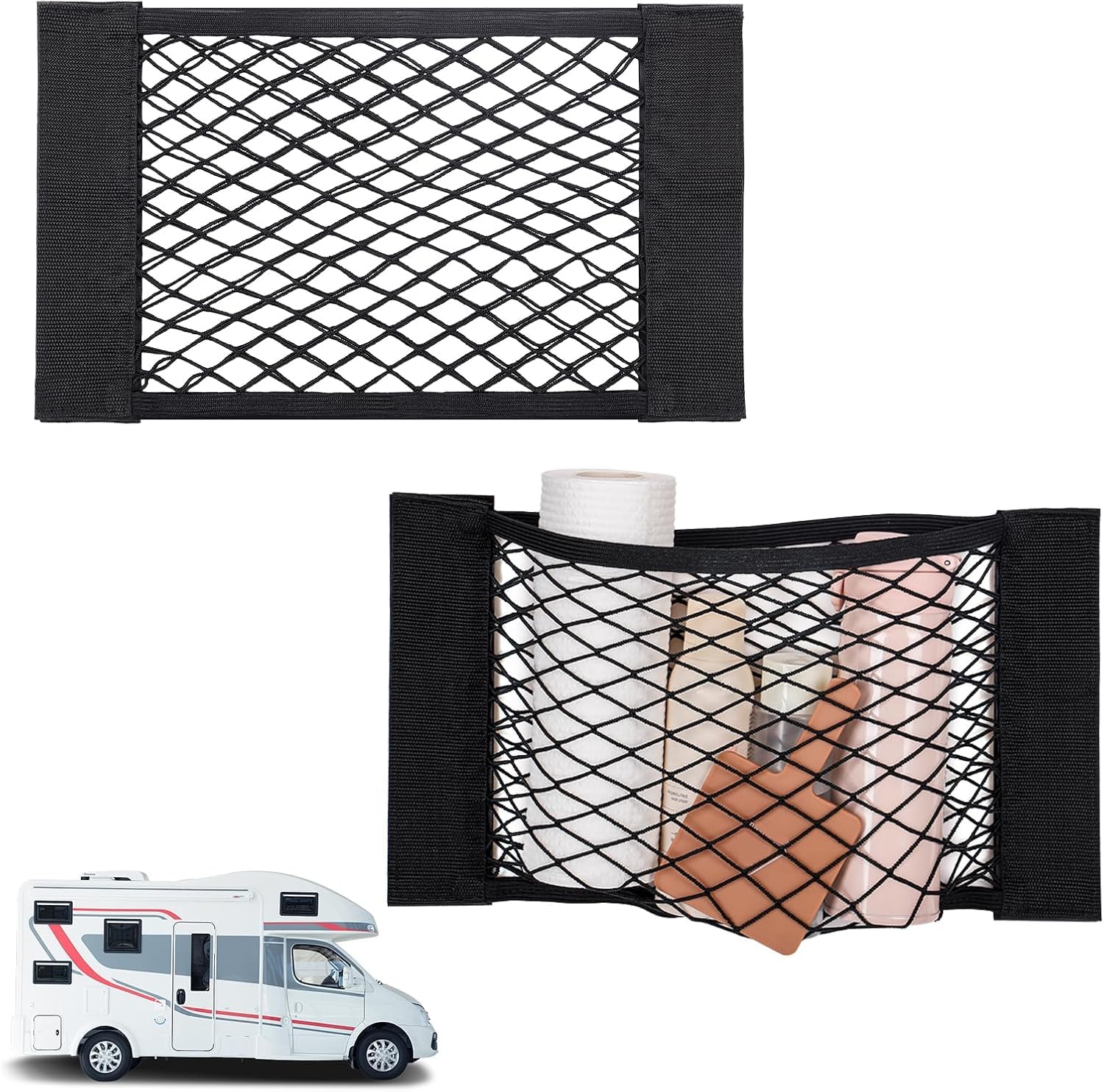 RV Cargo Storage Mesh Net Elastic Stretchable Car Storage Net RV Netting Pocket with 8 Adhesive Strip for Car, SUV, Truck (2) von Theaque