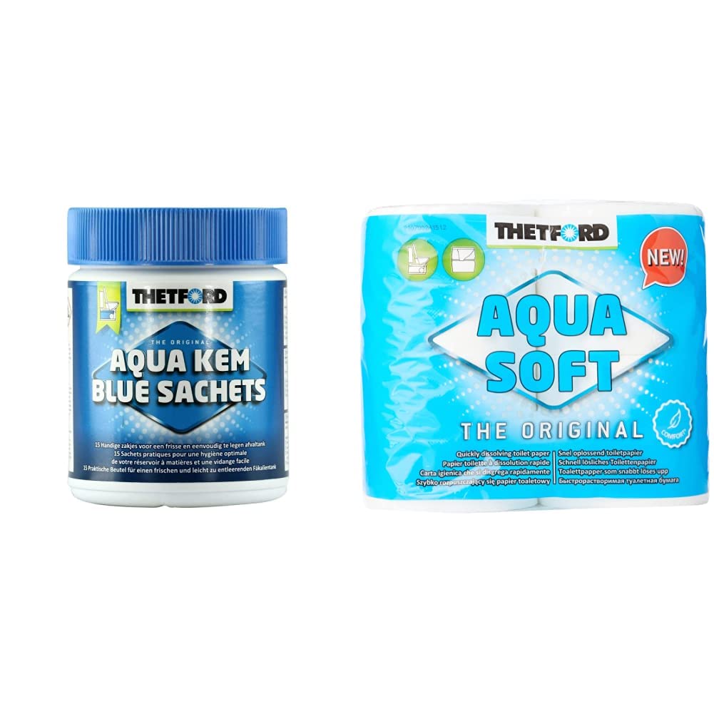 Thetford 301/203 Aqua Kem Blue Sachets, 15 x 25 g & Aqua Soft WC Papier Toilettenpapier, 4 Rollen/Btl. für mobile Toiletten, frischer Duft, Camping Toiletries, mobile_toilet_accessories von Thetford