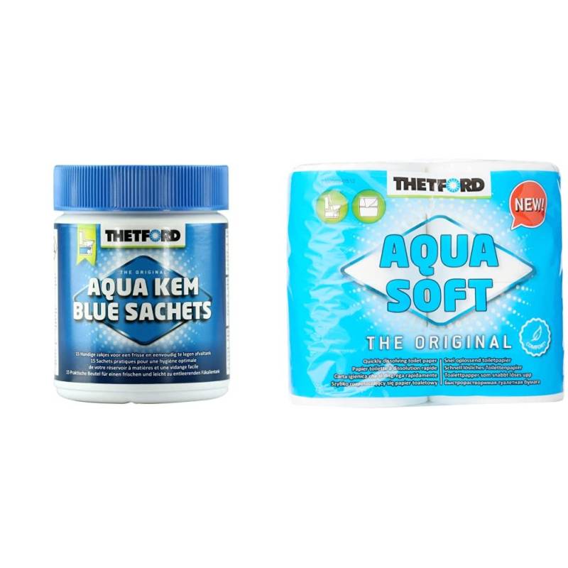 Thetford 301/203 Aqua Kem Blue Sachets, 1er pack (15 x 25 g) & Aqua Soft WC Papier Toilettenpapier für mobile Toiletten 4 Rollen/Btl. Campingtoiletten Camping Outdoor Klopapier von Thetford