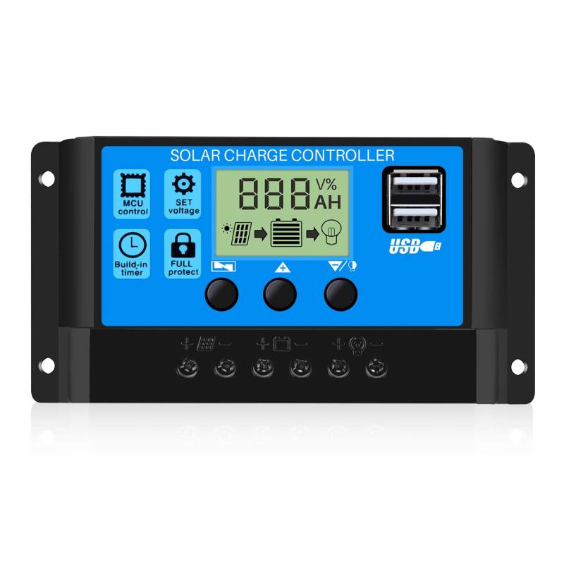 Thlevel 10A Solar laderegler 12V-24V Ladegerät Controller Solarpanel Batterie Intelligente Solarregler PWM mit 5V Dual USB Port LCD Anzeige für Blei Säure Batterien von Thlevel