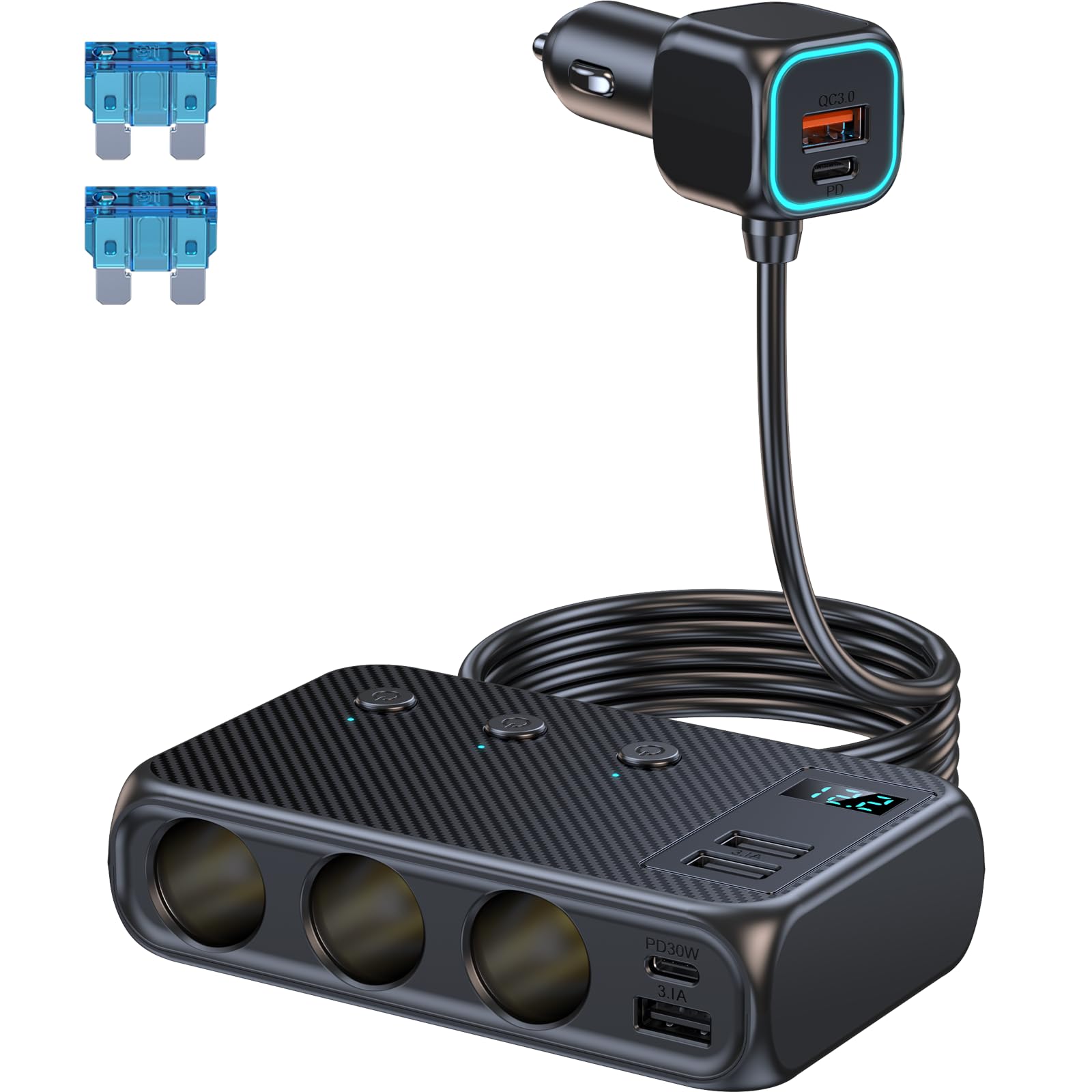 Thlevel 12V Zigarettenanzünder Verteiler 171W KFZ Auto Ladegerät USB C Steckdose PD und QC 3.0 mit LED Voltmeter und Schalten 70CM Kabel für 12V-24V Boot Wohnmobil von Thlevel