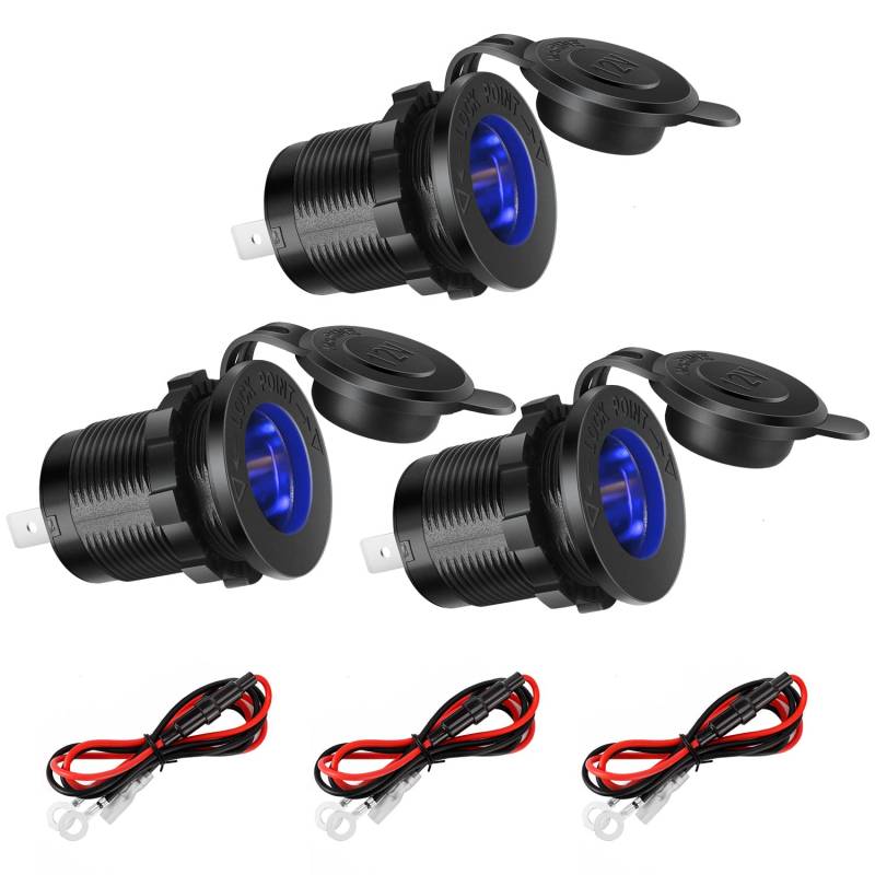 Thlevel 3 Stücke Zigarettenanzünder Steckdose Auto Adapter mit Blau LED Licht Wasserdicht 0.6m Anschlusskabel für 12V-24V DC Marine Boot Motorrad von Thlevel