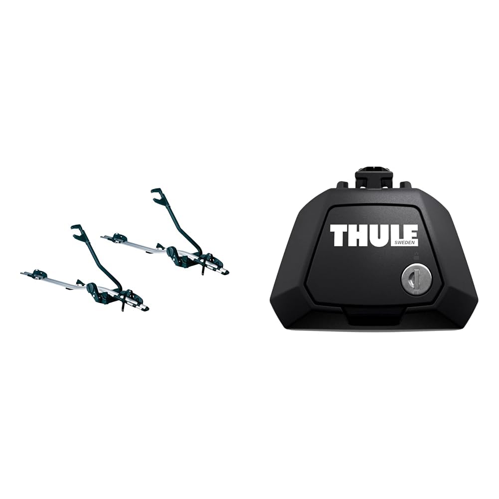 Thule ProRide 591 Dach-Fahrradträger, 2er-Set & Raised Rail Evo Fußsatz für Fahrzeuge mit offener Reling, 710410, Black (schwarz), Einheitsgröße von Thule