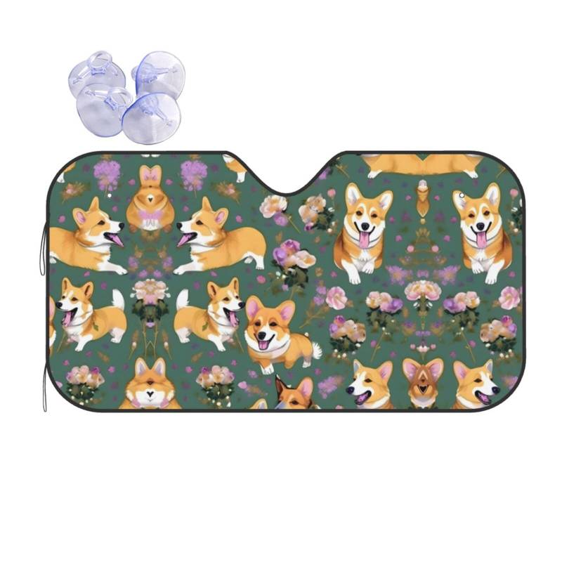 Corgi Auto-Sonnenschutz für die Windschutzscheibe mit Blumendruck, 130 x 69 cm, 140 x 75 cm, faltbar von TietYaer