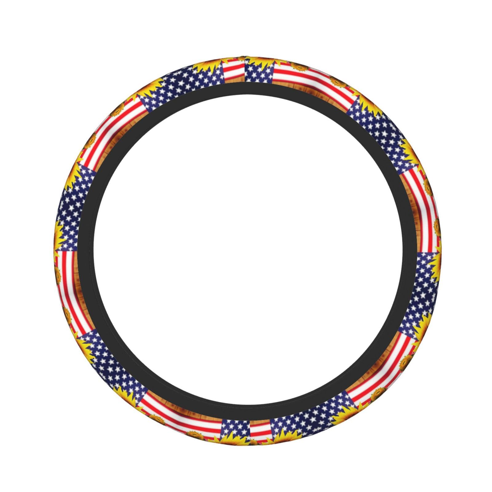 Elastischer Lenkradbezug mit Sonnenblumen- und amerikanischer Flagge, für Damen und Herren, Auto, universal, 38,1 cm, warm im Winter und kühl im Sommer von TietYaer