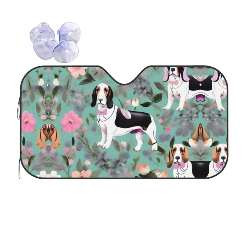 Sweet Basset Hound Florals Print Auto Sonnenschutz Auto Windschutzscheibe Sonnenschutz Abdeckung 51 x 27,5 Zoll 55 x 29,9 Zoll faltbar von TietYaer