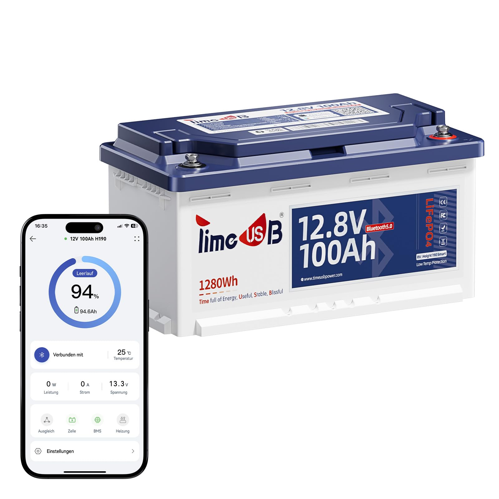 Timeusb 12V 100Ah Bluetooth Lithium Batterie mit 189mm Höhe, 1280Wh Tiefzyklus LiFePO4 Batterie mit Smart BMS, Niedrigtemperaturschutz, Blei-Säure-Ersatz für Wohnmobil RVs Wohnwagen HeimSolaranlage von Timeusb