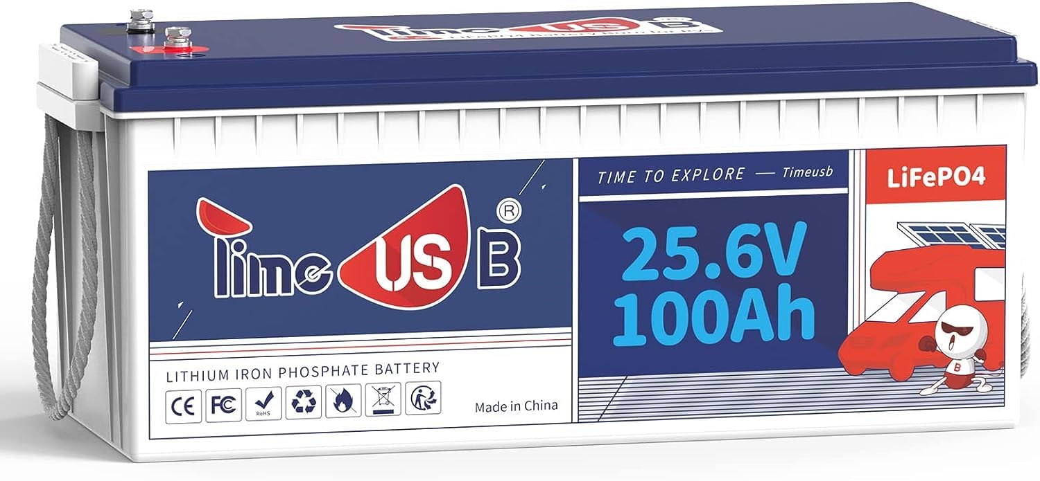 Timeusb 24V 100Ah LiFePO4 Batterie, 2560Wh Lithium Batterie, Deep Cycle Lithium Akku 100A BMS, 10 Jahre Lebensdauer mit Klasse A LiFePO4 Zellen für Wohnmobil Camper Energiespeicher Van Off-Grid von Timeusb