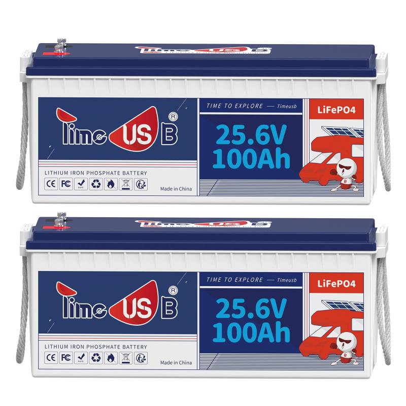 Timeusb 24V 100Ah LiFePO4 Batterie 2 Pack, 2560Wh Lithium Batterie, Deep Cycle Lithium Akku 100A BMS, 10 Jahre Lebensdauer mit Klasse A LiFePO4 Zellen für Wohnmobil Camper Energiespeicher Van Off-Grid von Timeusb