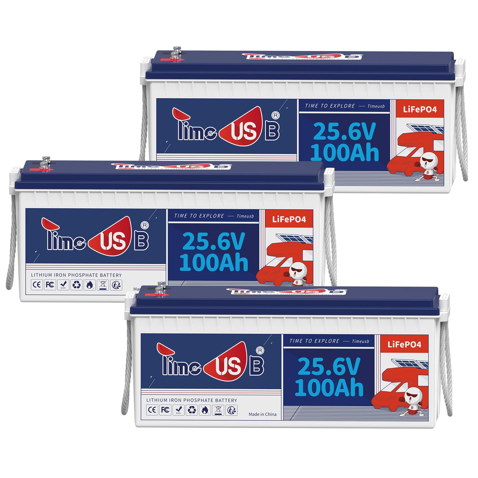 Timeusb 24V 100Ah LiFePO4 Batterie 3 Pack, 2560Wh Lithium Batterie, Deep Cycle Lithium Akku 100A BMS, 10 Jahre Lebensdauer mit Klasse A LiFePO4 Zellen für Wohnmobil Camper Energiespeicher Van Off-Grid von Timeusb