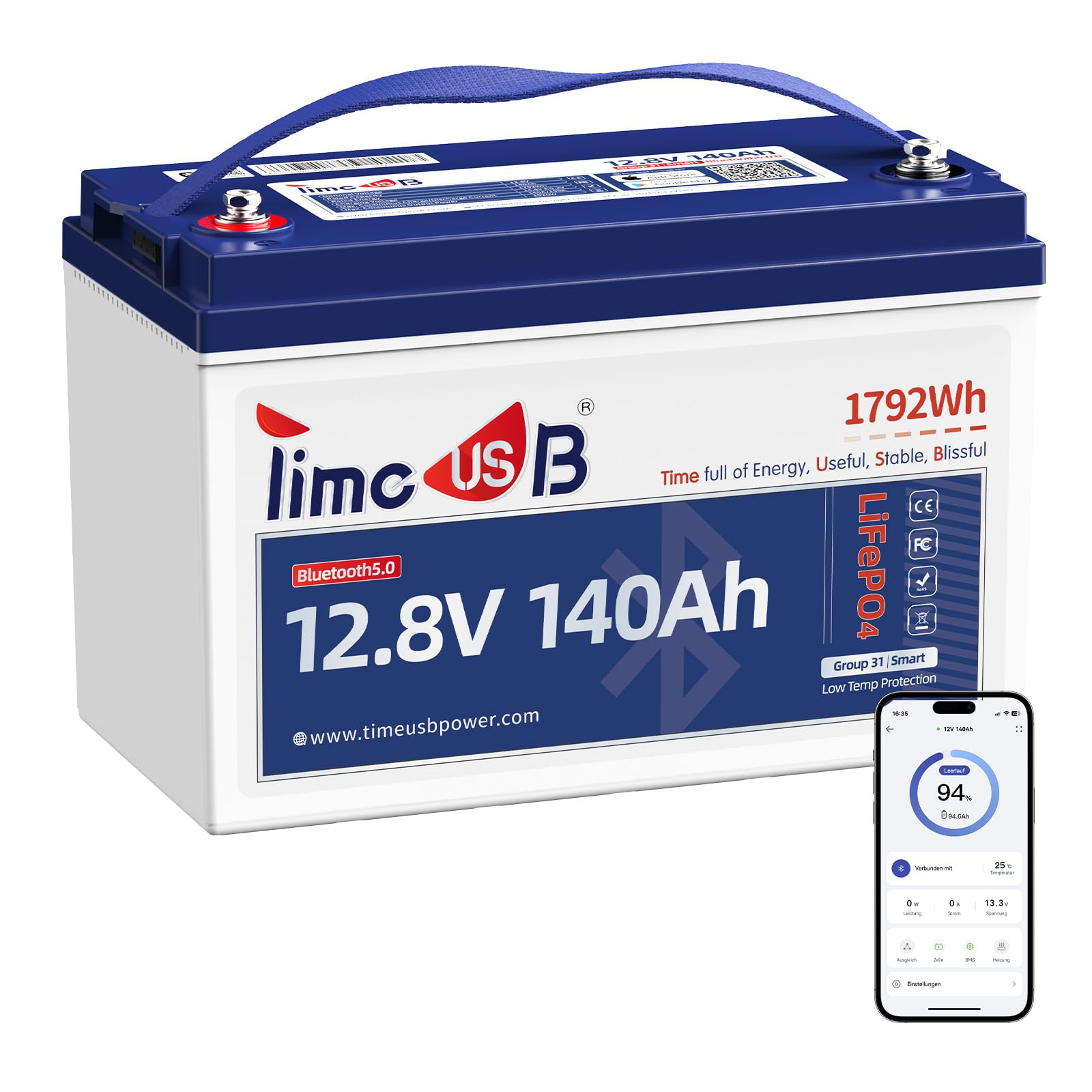 Timeusb Bluetooth 12V 140Ah LiFePO4 Lithium Batterie mit Tieftemperaturschut, Lithium Akku 150A Smart BMS, 1920W Lastleistung,1792Wh Energie,700A Entladung @1 Sekunde für Wohnmobil Energiespeicherung von Timeusb