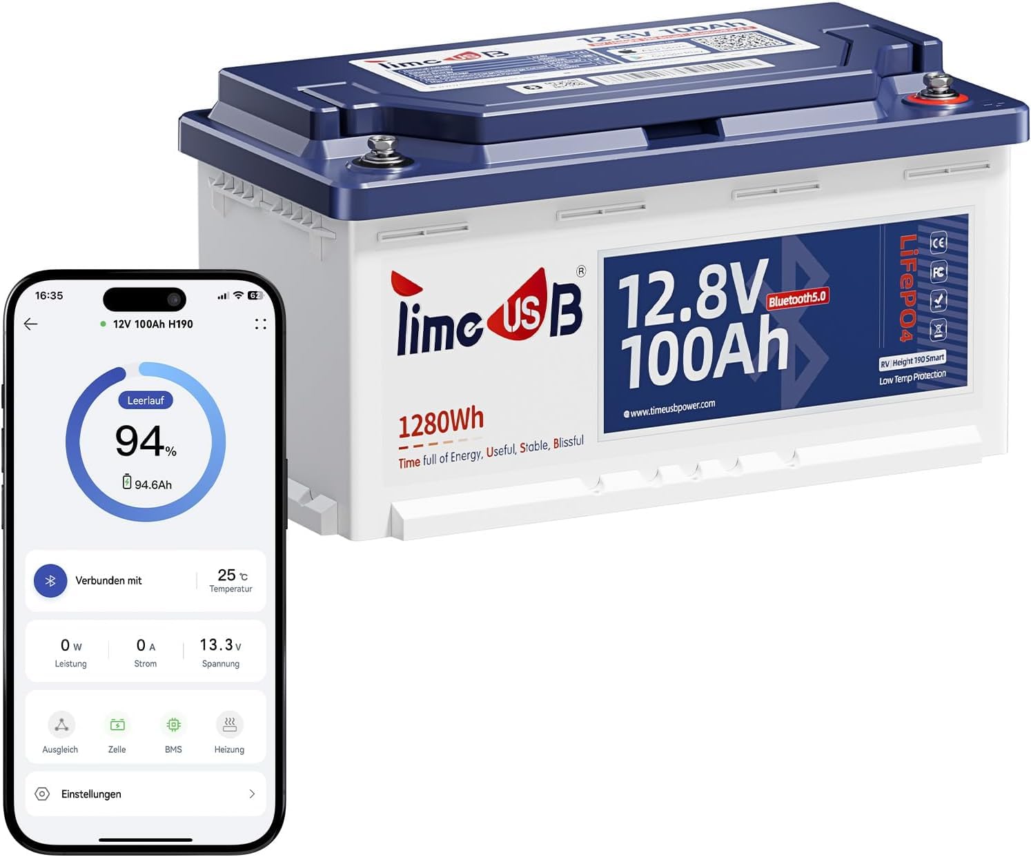 Timeusb LiFePO4 Akku 12V 100Ah Bluetooth H190 Lithium Batterie Wohnmobil mit Smart BMS,Tieftemperaturschutz,Max.15000 Tiefe Zyklen 4S4P 20,48kWh für Wohnmobil RVs Wohnwagen Campervan von Timeusb