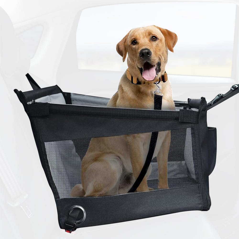 Tissting Hundeautositz für Große Hunde Harte Unterseite, Atmungsaktive Mesh Seiten Verstellbare Hundehängematte für das Auto, Tragbare Faltbare Reisetaschen für Kleine bis Mittelgroße Hunde (Black) von Tissting