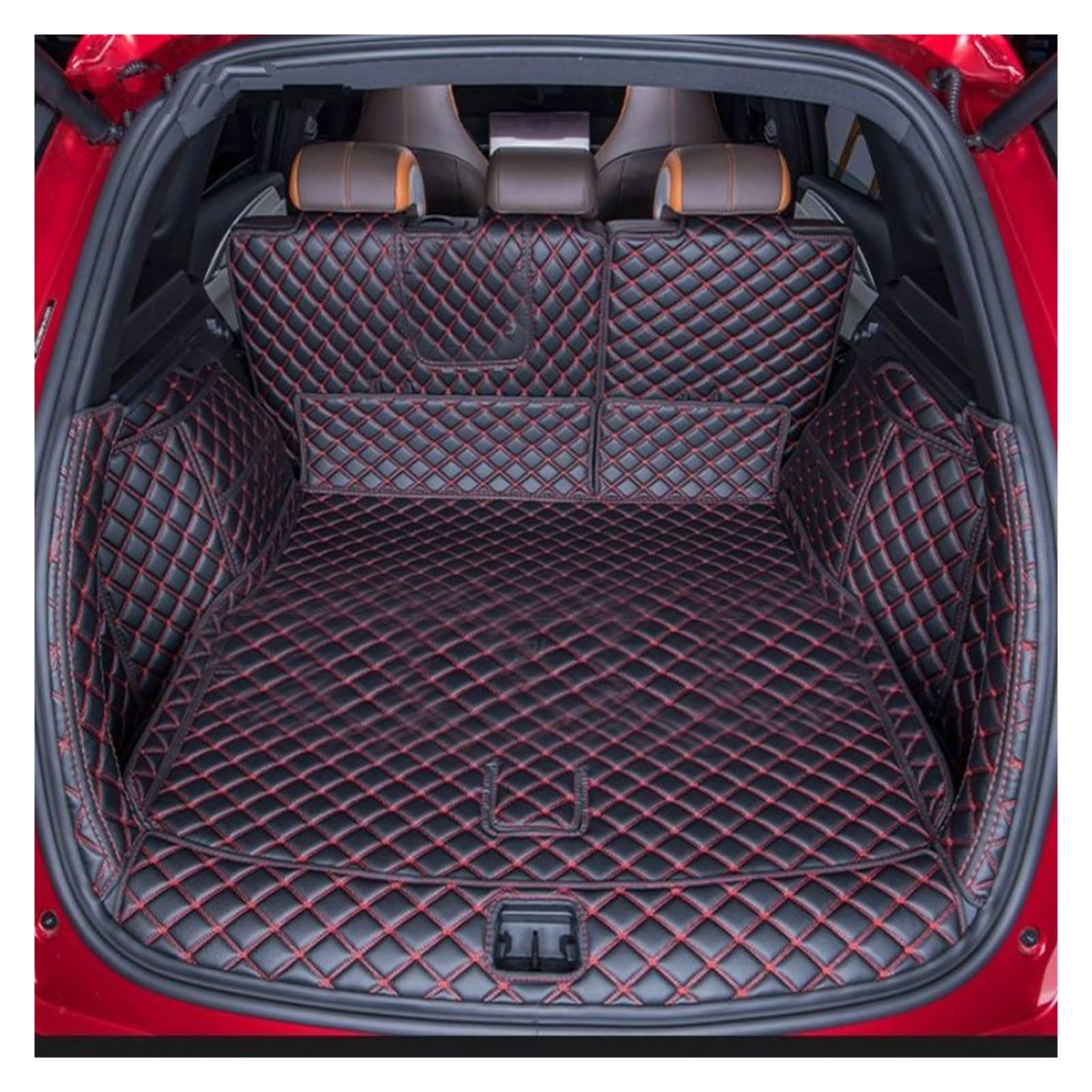 Kofferraummatten Für BYD Für Atto 3 EV 2022 2023 Kofferraummatten Leder Cargo Liner Kofferraum Teppiche Kofferraumwanne Schutzmatte(Red Full Set) von Tkxvcejv