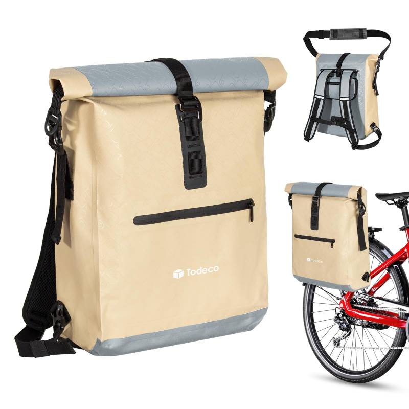 Todeco 3 in1 Fahrradtasche (20L) mit Rucksack-Funktion & Laptoptasche, 100% wasserdichte Gepäckträgertasche aus TPU, Rucksack und Umhängetasche, Gepäckträgertasche, Doppeltasche, Beige von Todeco