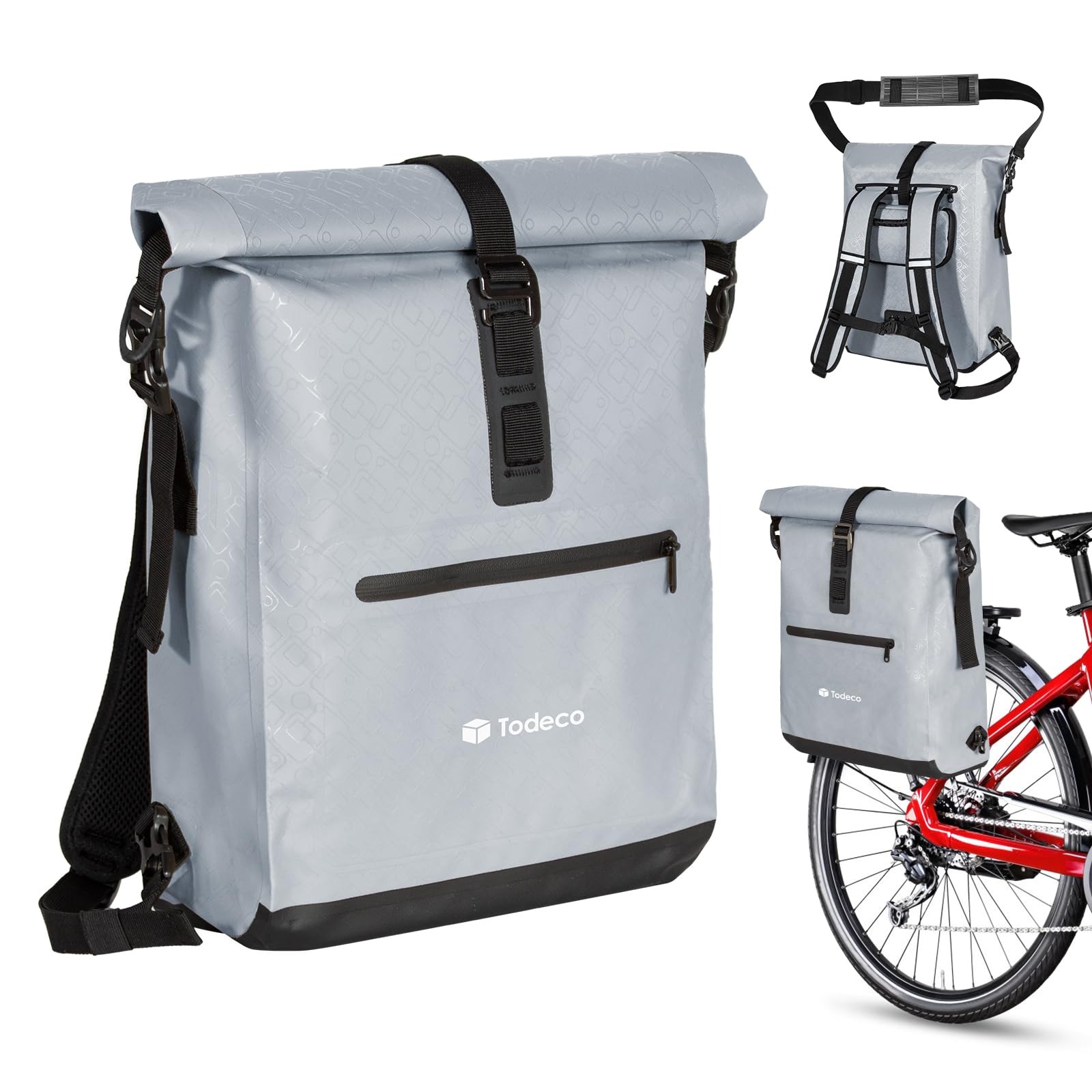 Todeco 3 in1 Fahrradtasche (20L) mit Rucksack-Funktion & Laptoptasche, 100% wasserdichte Gepäckträgertasche aus TPU, Rucksack und Umhängetasche, Gepäckträgertasche, Doppeltasche, Grau von Todeco