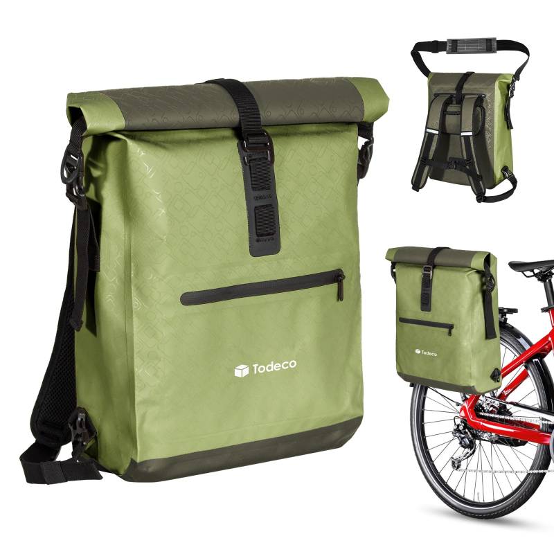 Todeco 3 in1 Fahrradtasche (20L) mit Rucksack-Funktion & Laptoptasche, 100% wasserdichte Gepäckträgertasche aus TPU, Rucksack und Umhängetasche, Gepäckträgertasche, Doppeltasche, Olivgrün von Todeco