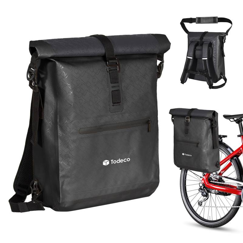 Todeco 3 in1 Fahrradtasche (20L) mit Rucksack-Funktion & Laptoptasche, 100% wasserdichte Gepäckträgertasche aus TPU, Rucksack und Umhängetasche, Gepäckträgertasche, Doppeltasche, Schwarz von Todeco