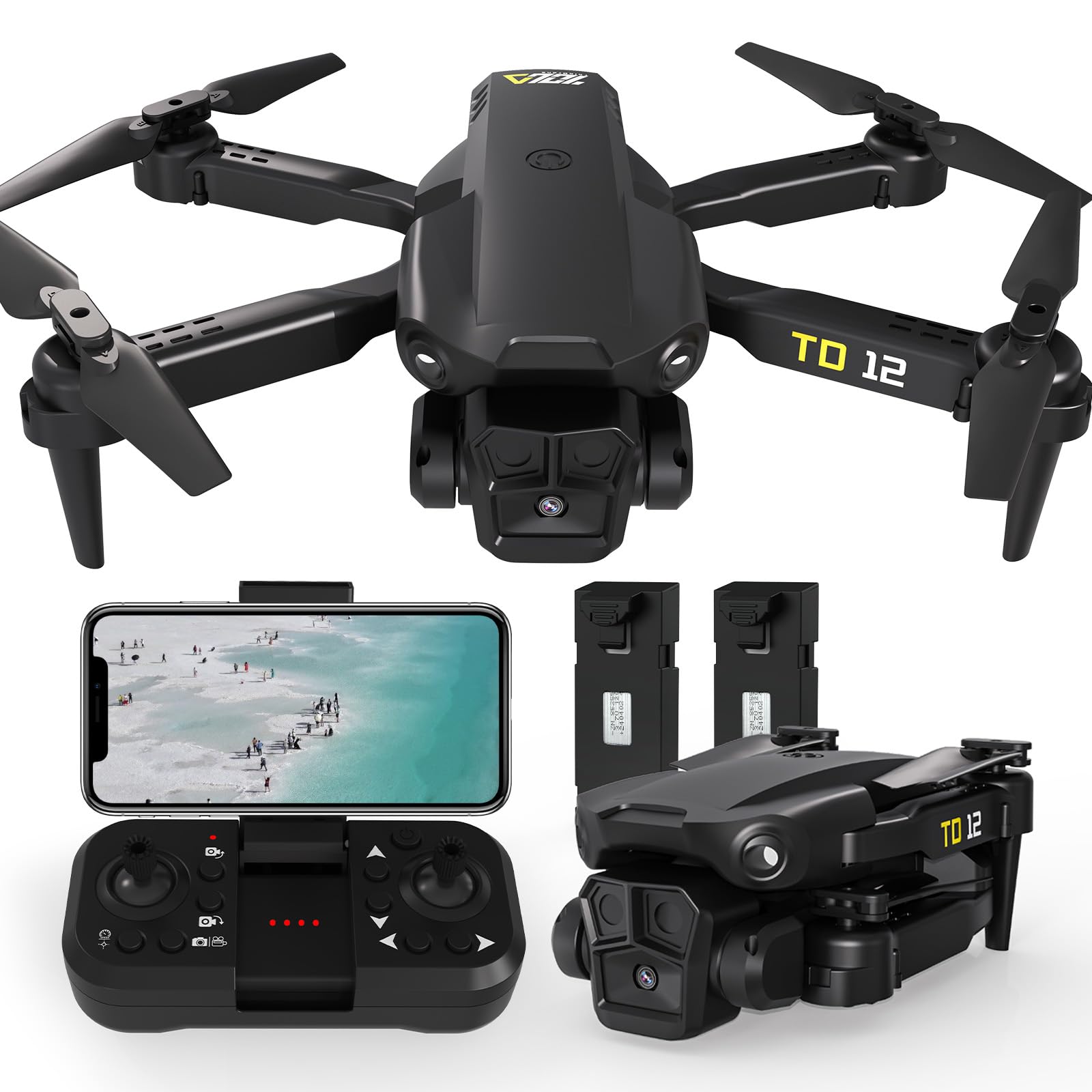 Toladrone Drohne mit Kamera, Drone für Erwachsene Mini-Drohne mit 90° ESC-Kamera Faltbare FPV Drohnen für Anfänger RC Quadcopter mit Optische Flusspositionierung 2 Batterien TD12 von Toladrone