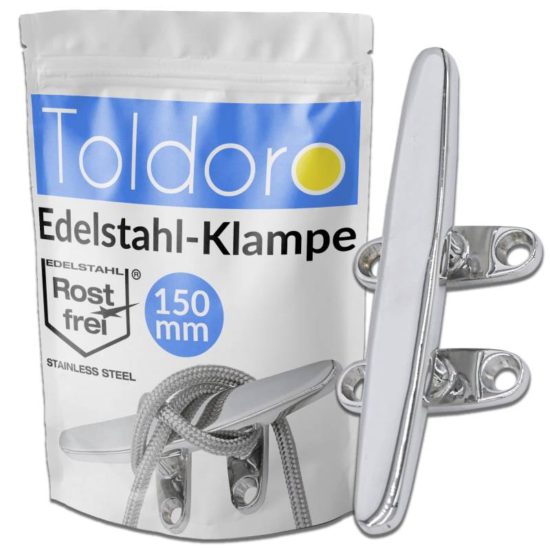 Toldoro® Klampe 150mm aus Edelstahl rostfrei V2A, 4 Bohrungen/Belegklampe, Bootsklampe mit elektropolierter Oberfläche/Festmacher für Sonnensegel oder als Boot Zubehör von Toldoro