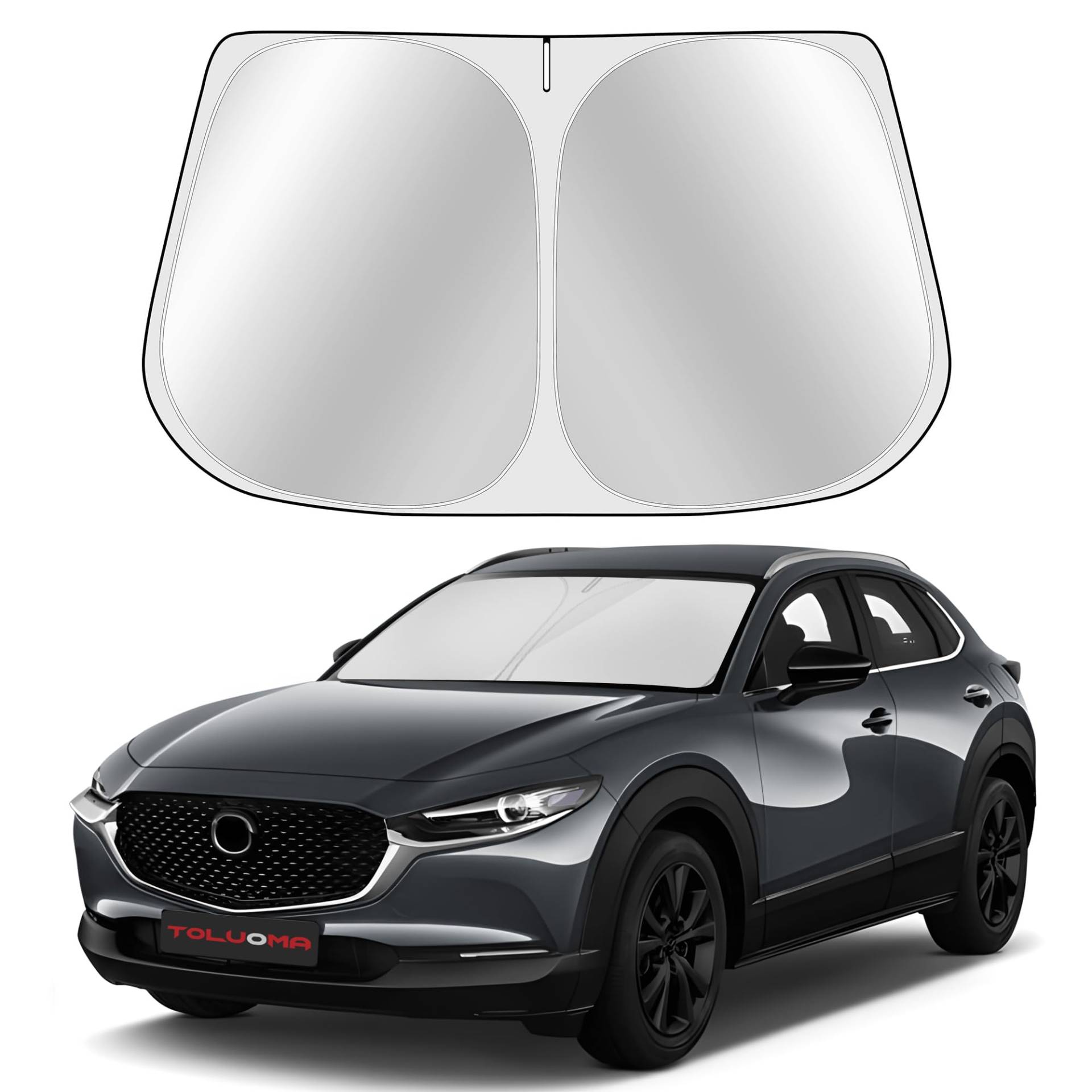 Toluoma Passgenauer Windschutzscheiben-Sonnenschutz für Mazda 3 2019–2025 – vollständige Abdeckung, 210T reflektierender Stoff, doppellagiges Design – blockiert 99% der UV-Strahlen, hält das Auto von Toluoma